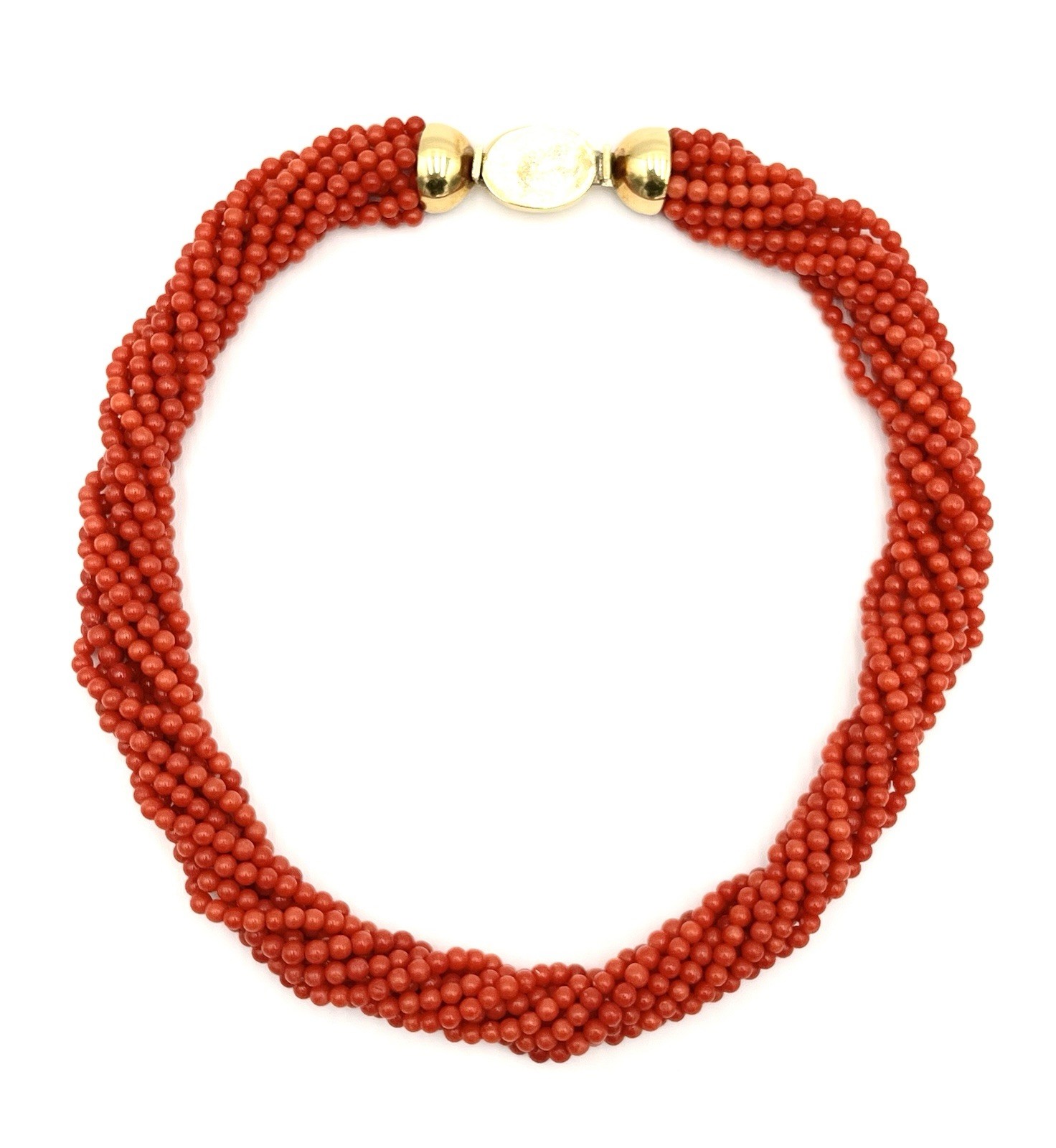 Mediterranean Red Coral Torchon Necklace 9 Strands 4mm 18kt Gold Natural Handmade