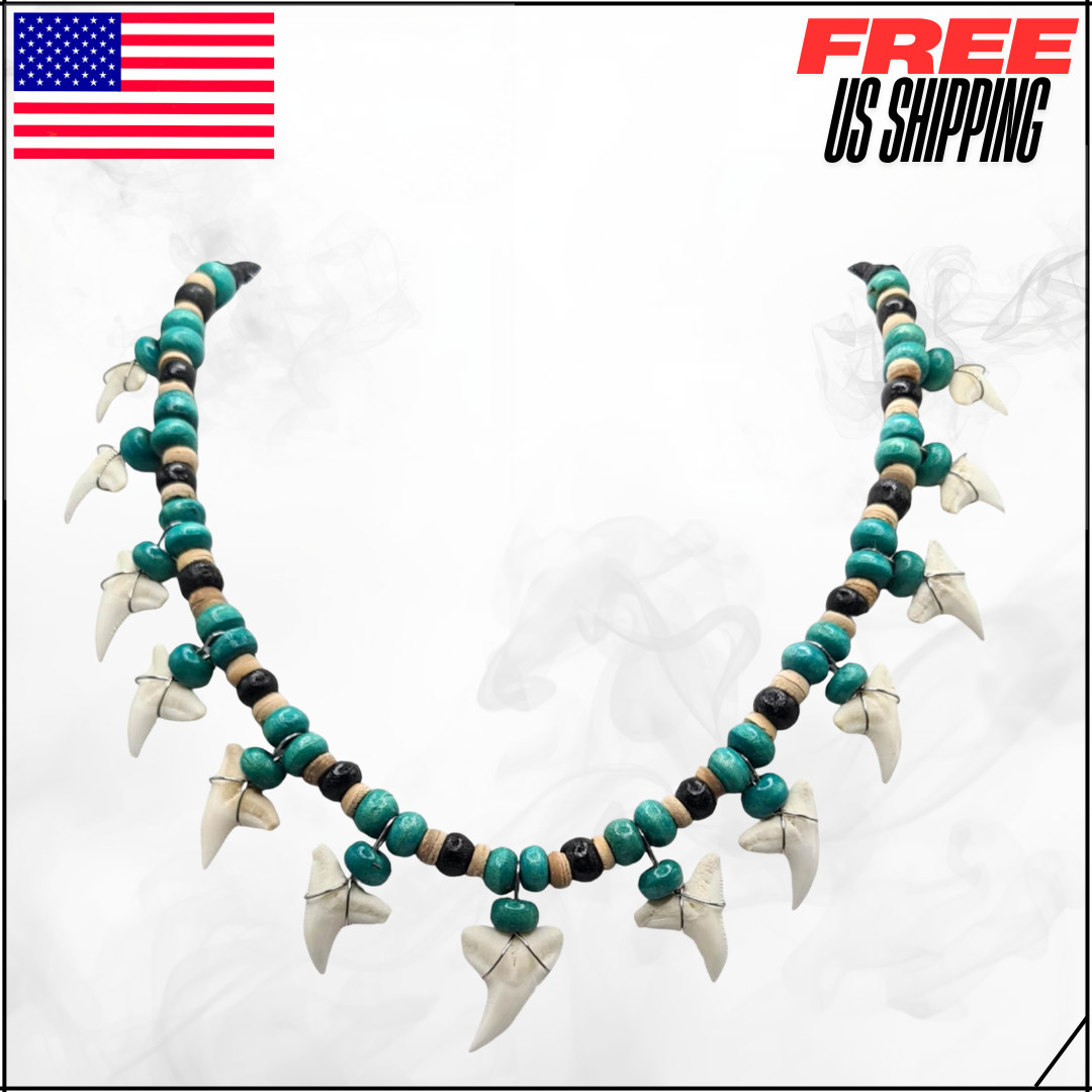 Mako Genuine Shark Teeth Necklace Handmade Wooden Beads Adjustable Jewelry