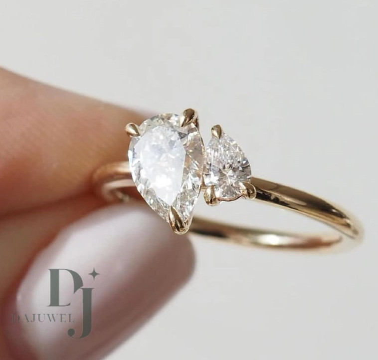 2.55 Carat Pear Cut Moissanite Toi Et Moi Engagement Ring Solid 14K Yellow Gold