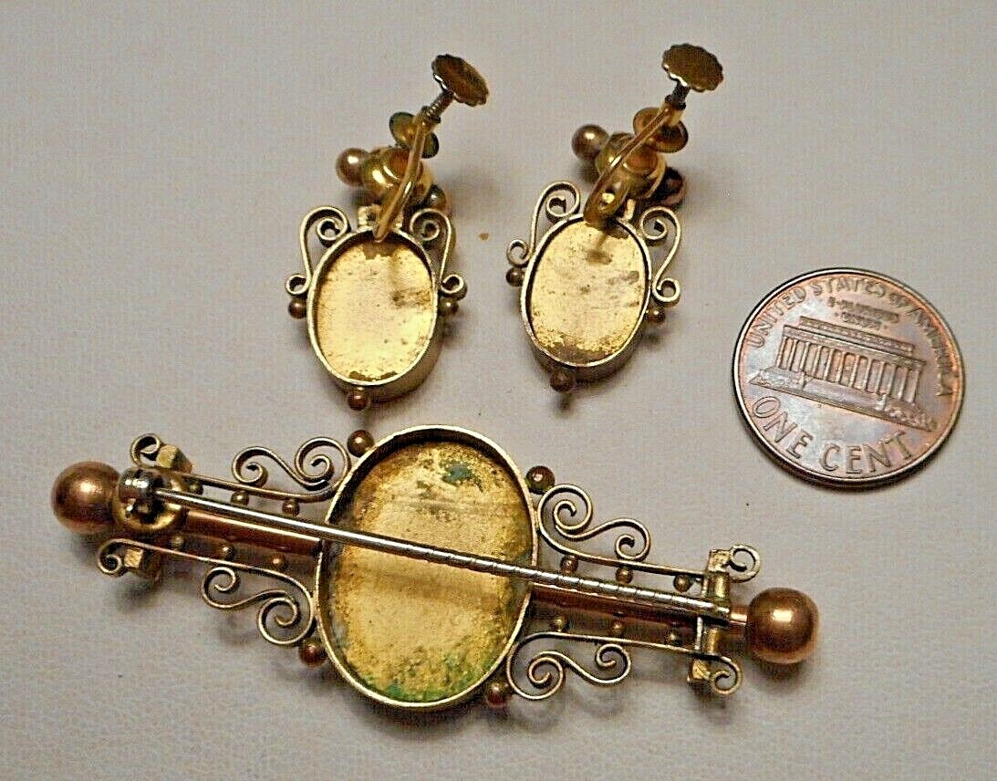 Antique Victorian Gold-Filled Italian Floral Micro Mosaic Brooch & Earrings Set