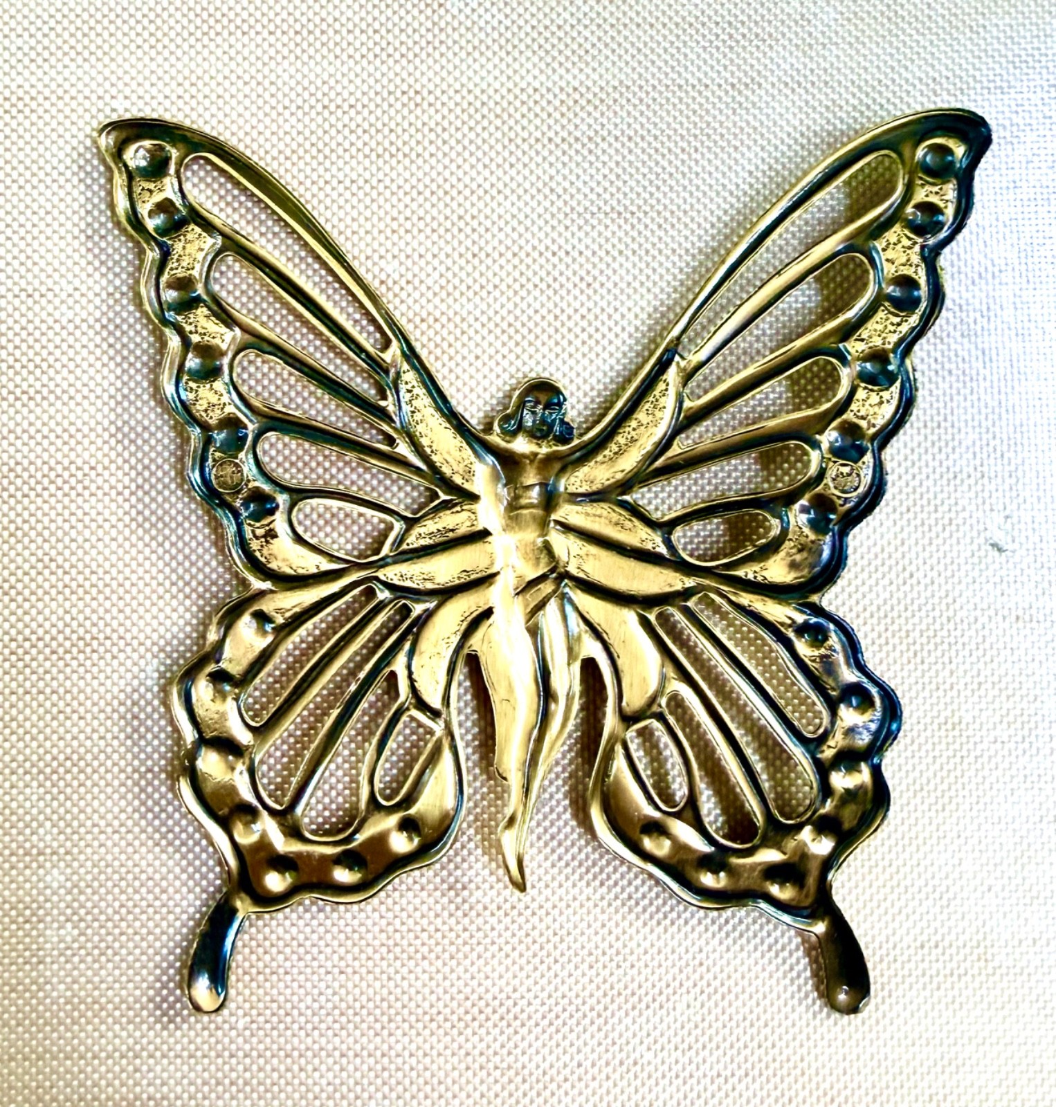 Vintage NOS Brass Butterfly Fairy Stamping Pendant Finding 2½” Jewelry Art Nouve