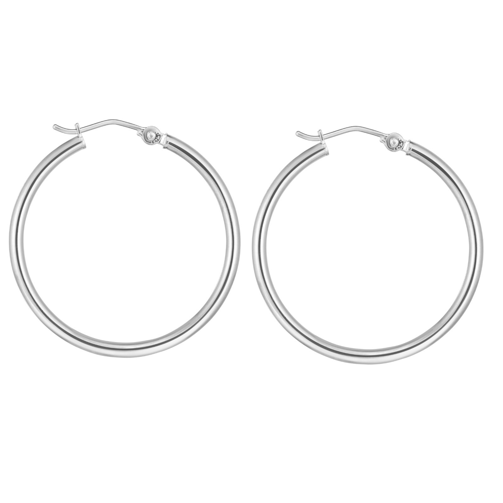 10k White Gold 2mm x 30mm Round Shiny Lite Tube Hinged Hoop Earrings 1.3 Gr