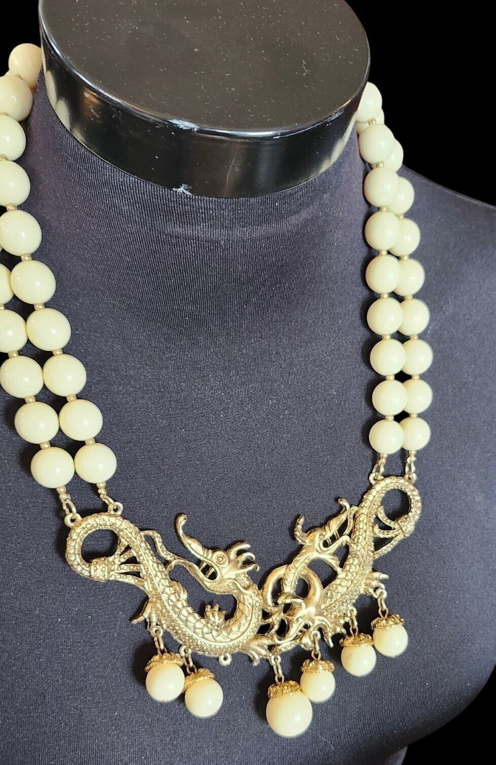 Vintage Asian Dragon Necklace Gold Tone Double Strand Bead Statement Bib Cream B