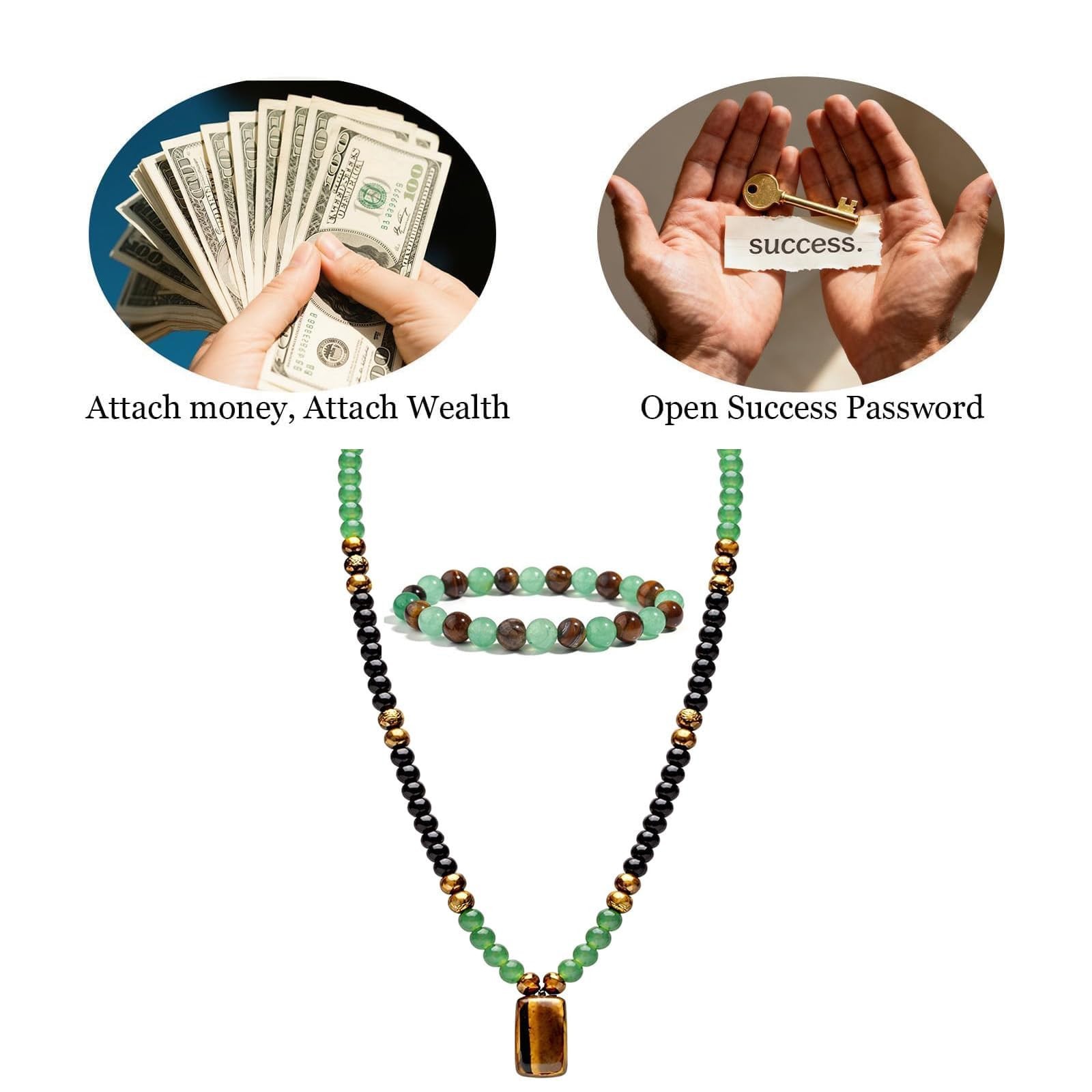 Money Necklace Bracelet Jewelry Set for Men Money Attraction Green Beaded Tig…