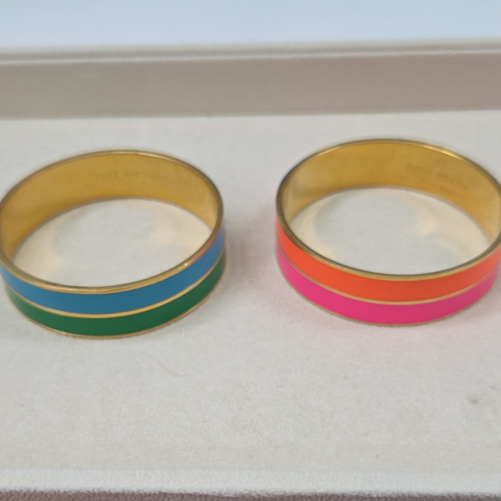 Kate Spade New York Signed Engraved Enamel Bangle Bracelet Set of 2 Gold Tone
