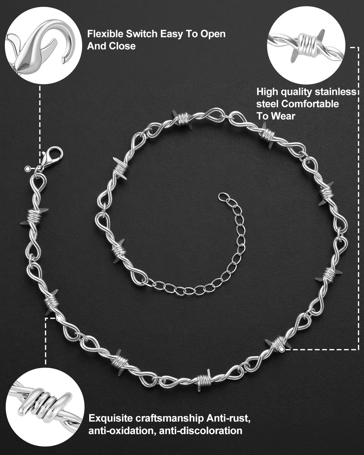 Alloy Steel Barbed Wire Thorns Stab Collar Necklace Silver