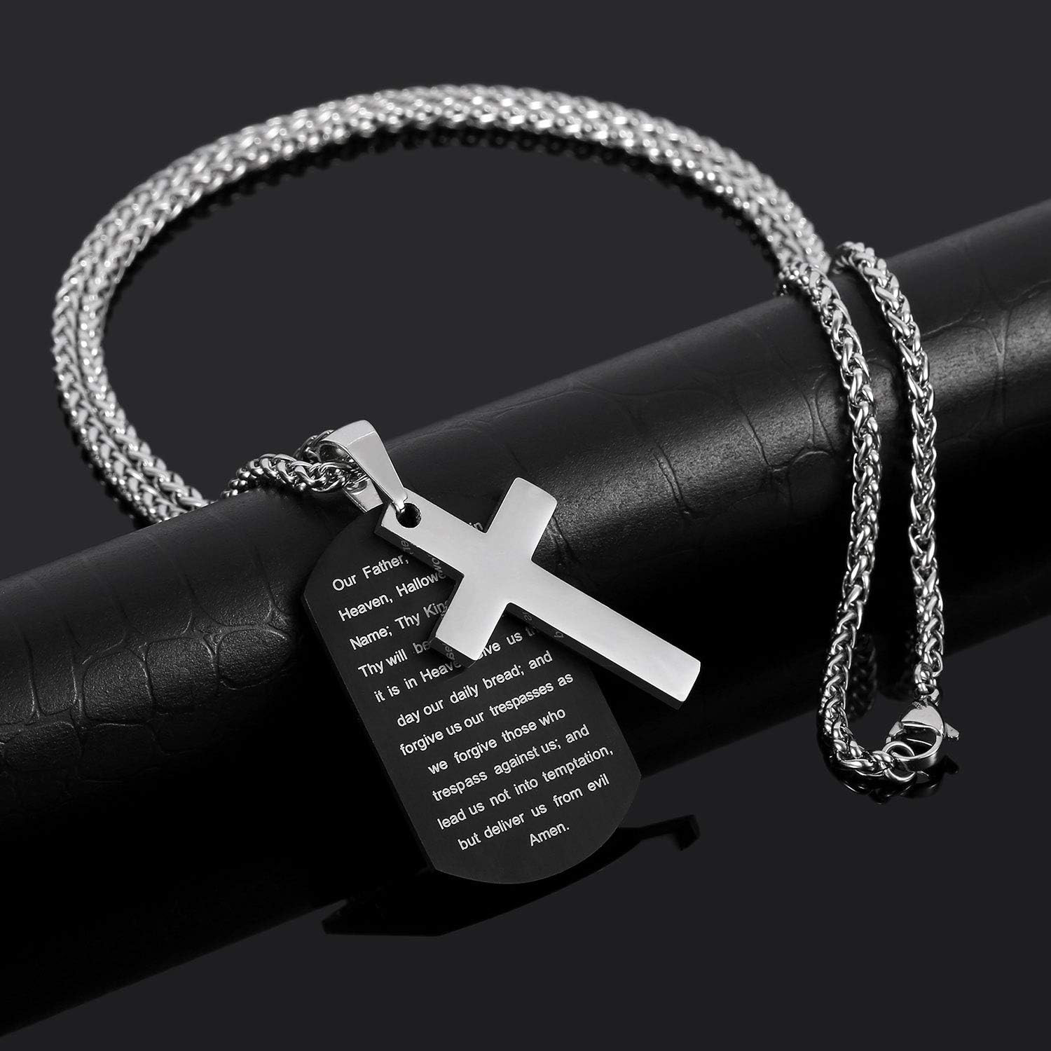 Dog Tag Cross Necklace Gifts for Boys Men, Stainless Steel Bible Verse Pendant C