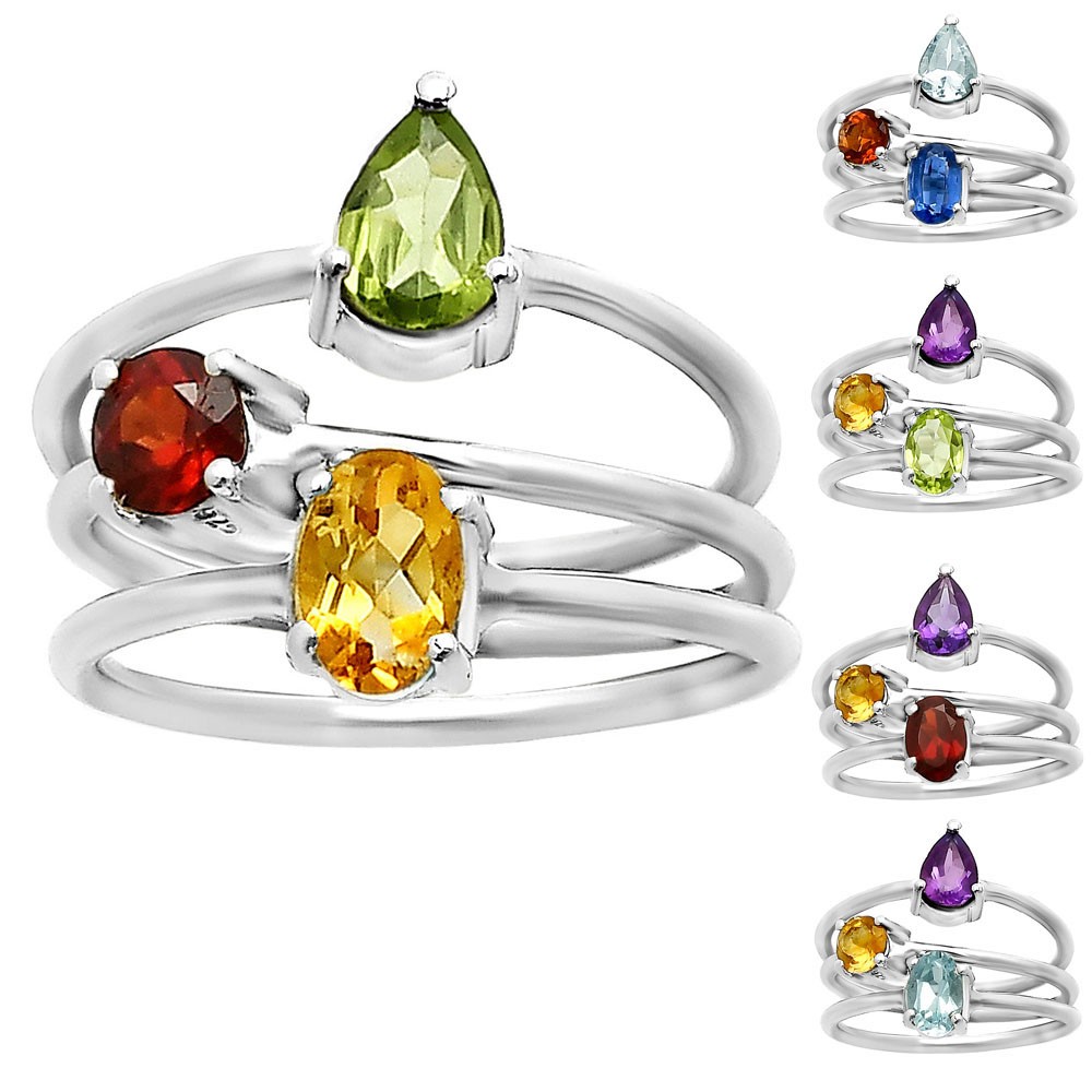 Three Colorful Stone Gemstone Stackable Ring 925 Sterling Silver Jewelry DGR1120