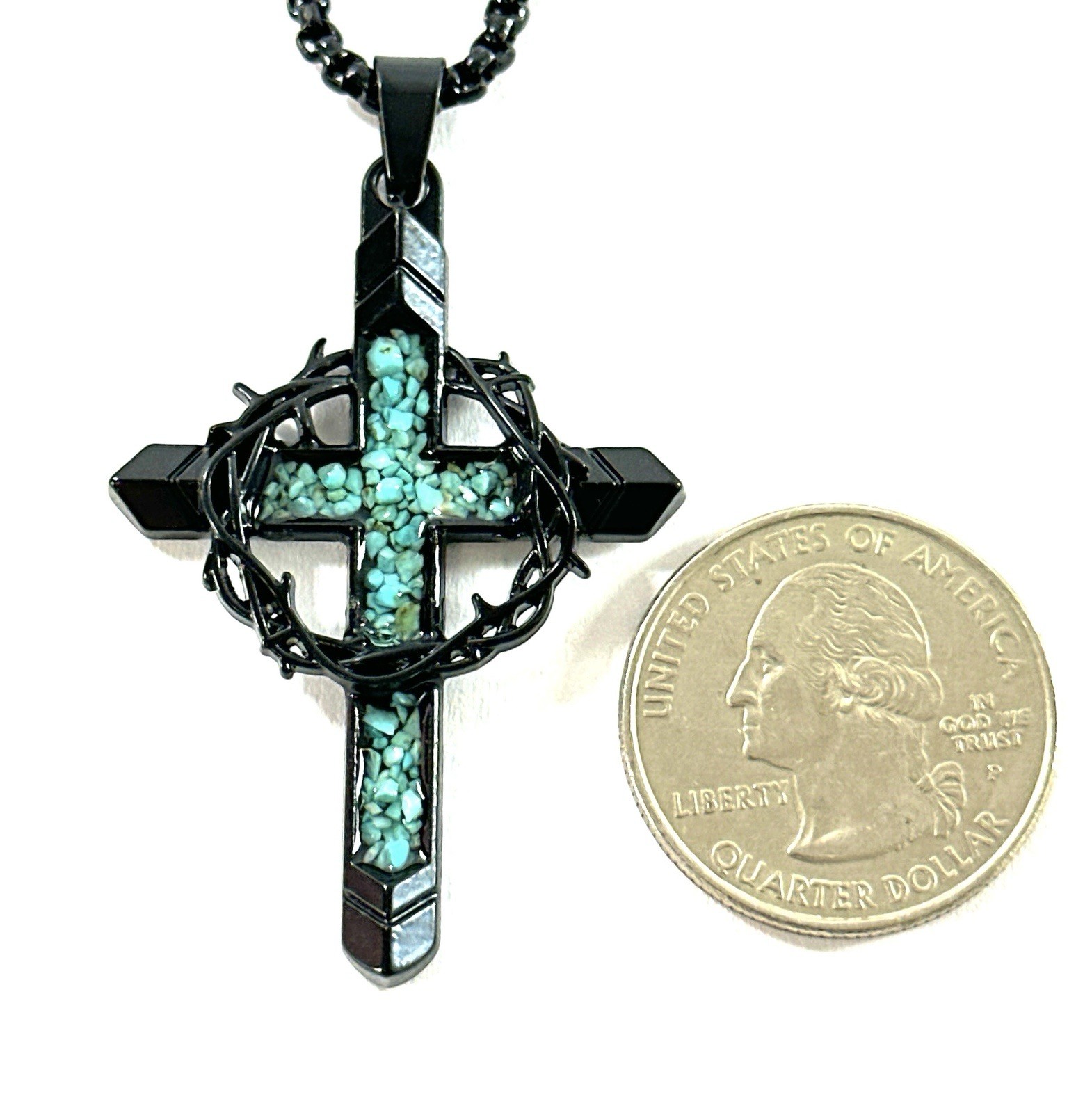 Black Cross Pendant Necklace Turquoise Inlay Crown of Thorns 24” Chain Christian