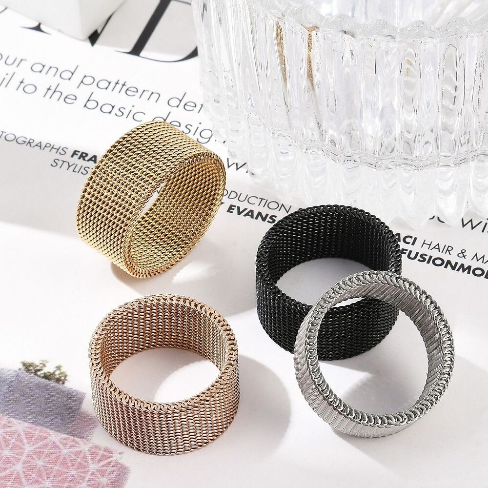 10MM Stainless Steel Braided Mesh Ring Flexible Wide Band Plain Non-Tarnish R64