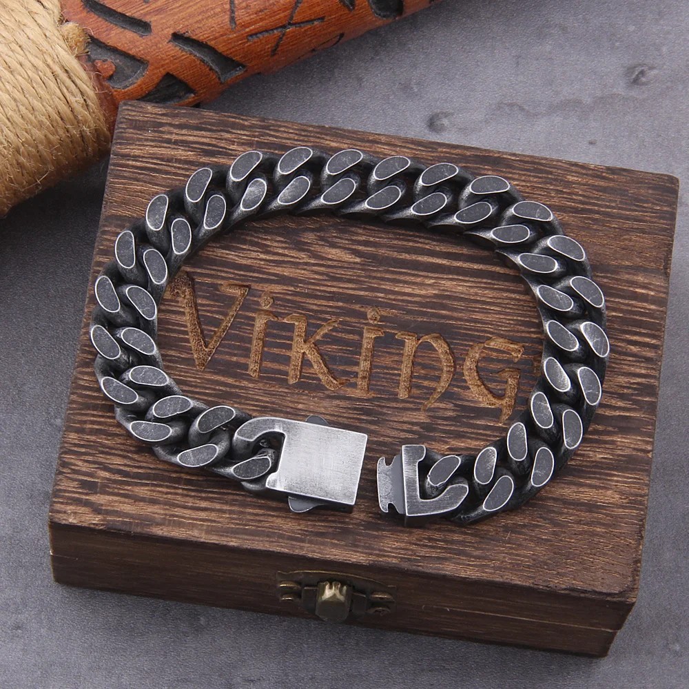 Vintage Black Stainless Steel Cuban Link Bracelet Men Hip Hop Gift Box