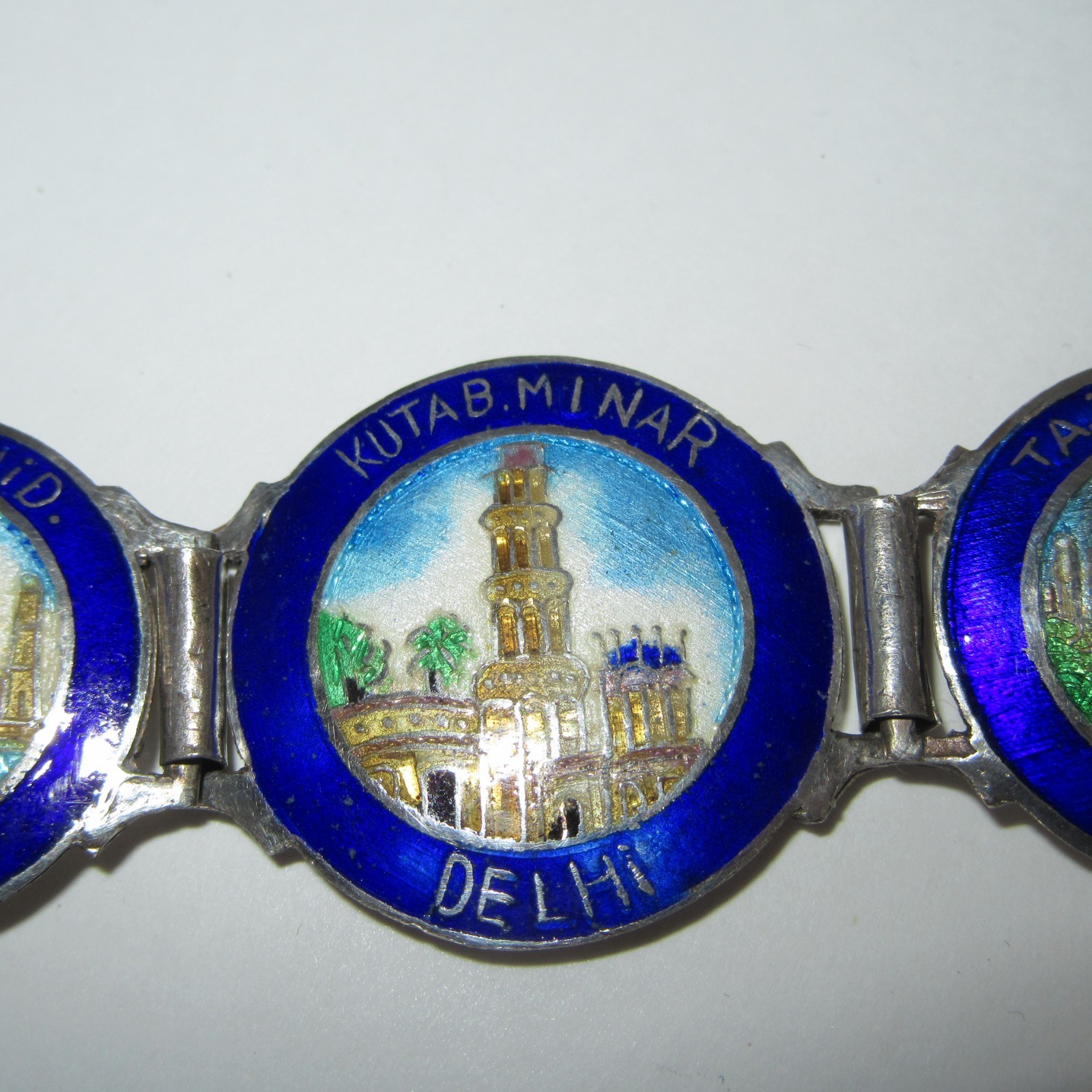 VTG Art Deco Silver Enamel India Souvenir Bracelet Taj Mahal Golden Temple Delhi