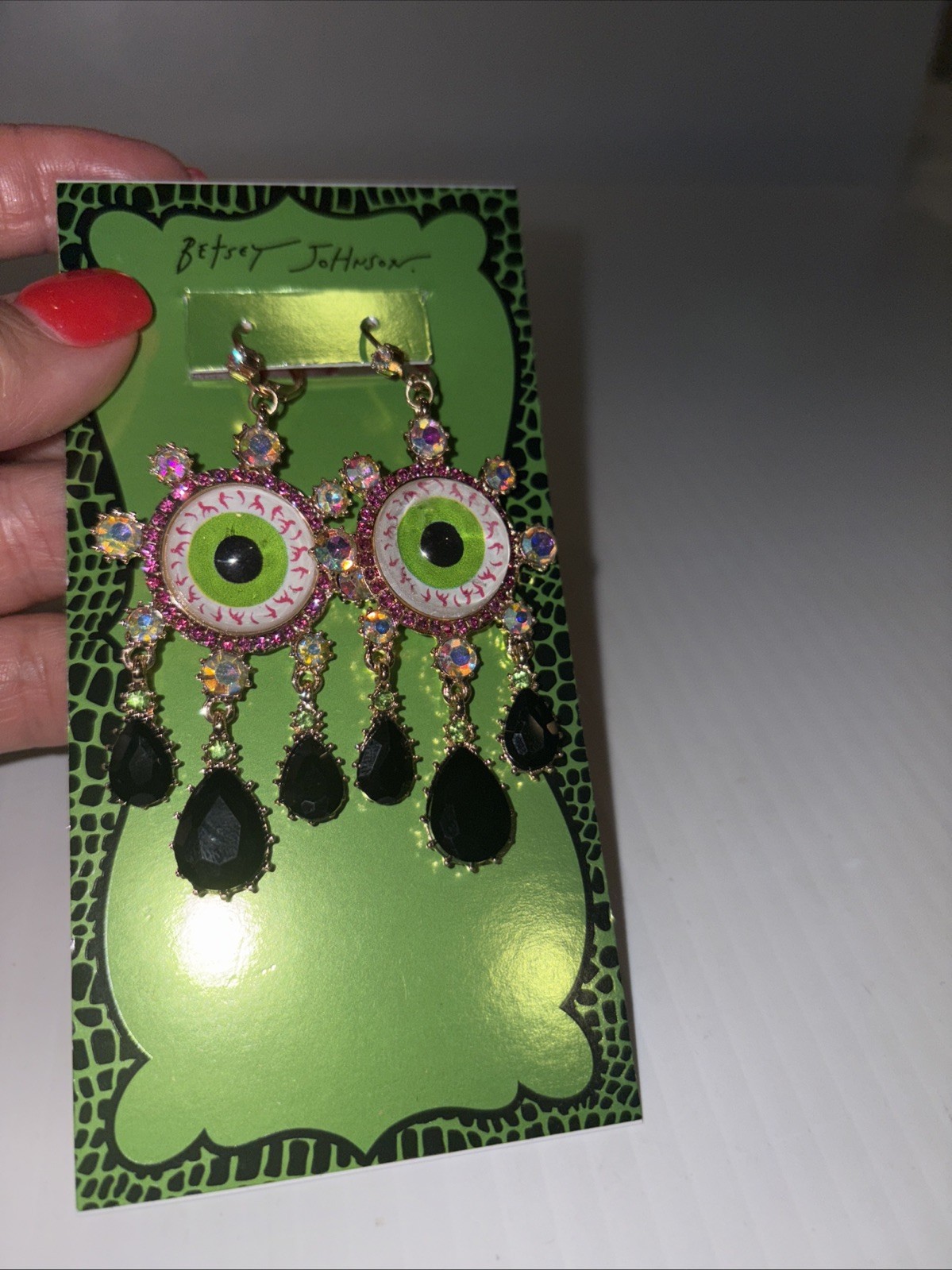 BETSEY JOHNSON DANGLE DROP EYEBALLS EARRINGS W BLACK CRYSTAL TEARS MULTI COLOR