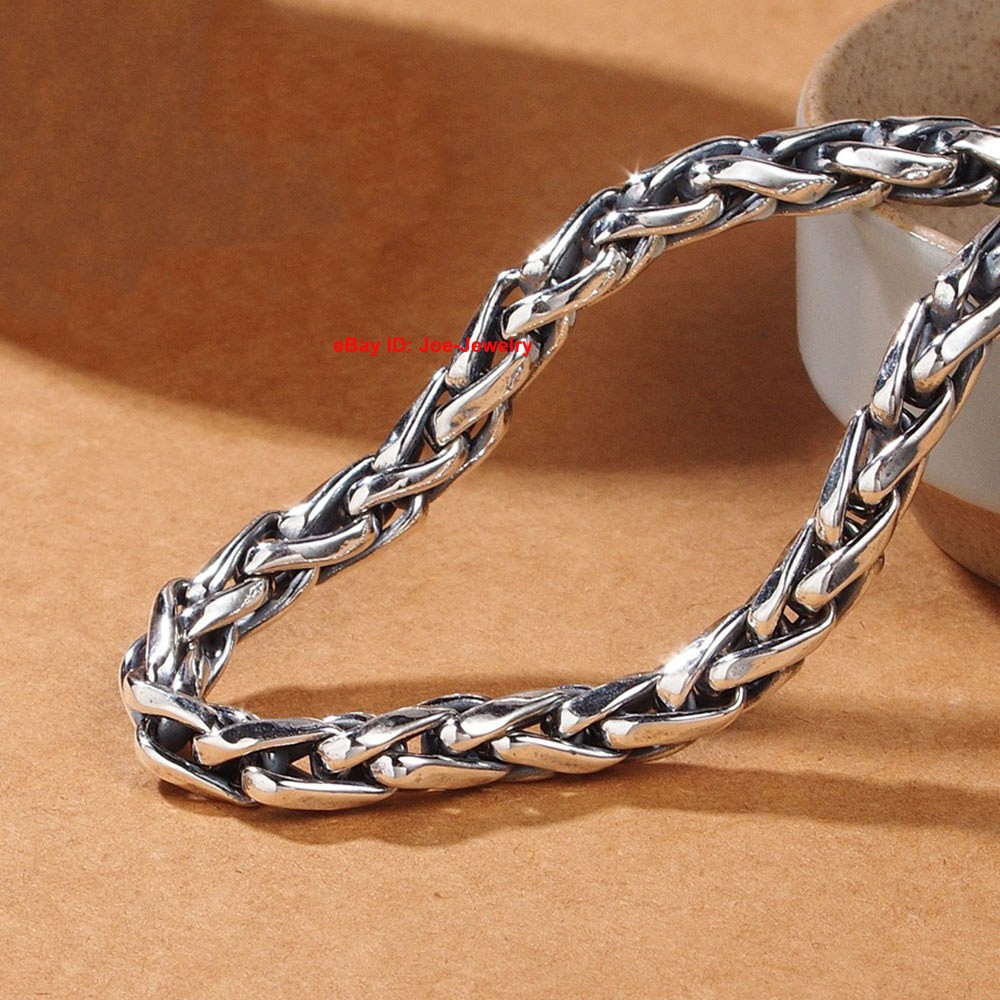 Real 925 Sterling Silver 8mm Round Wheat Link Men’s Bracelet 7.87-8.66inch