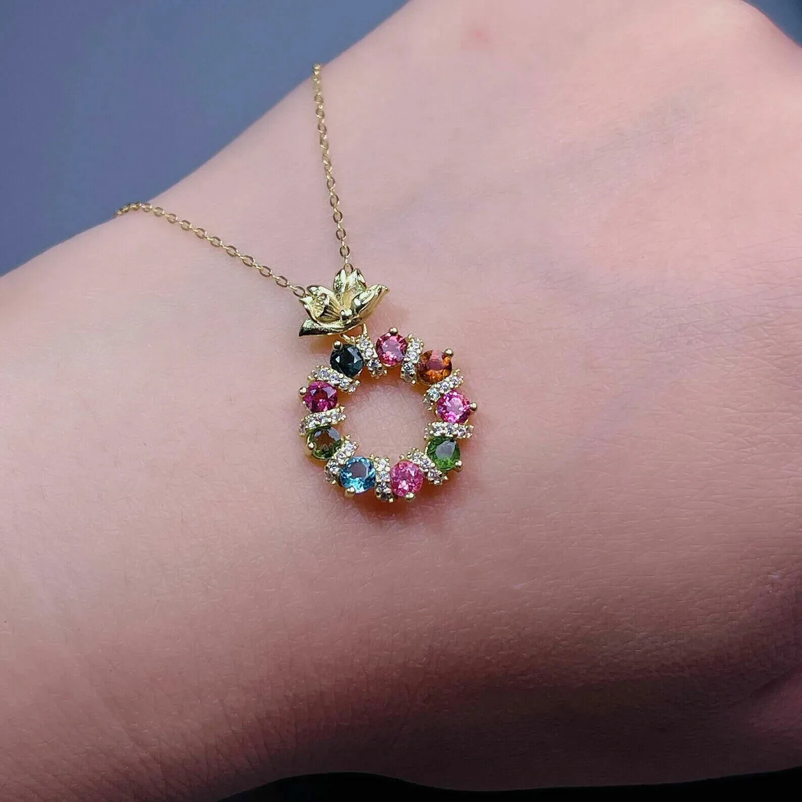 1.00Ct Round Cut Rainbow Circle Pendant 18” Free Chain 14K Yellow Gold Finish