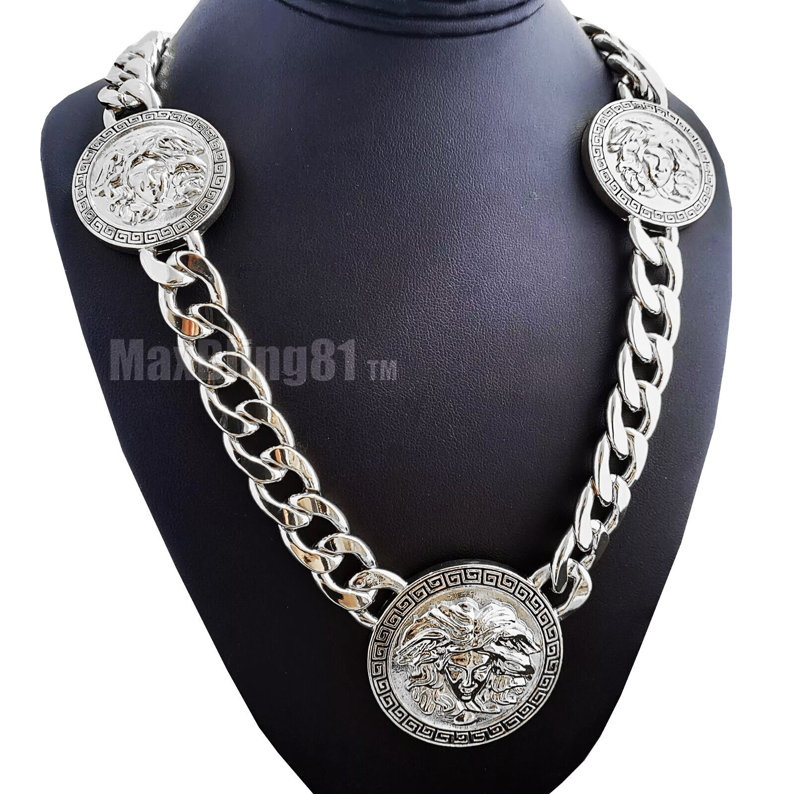 Silver Plated Medusa Head 3 Medallion Cuban Link Chain Necklace & 10mm 30″ Chain
