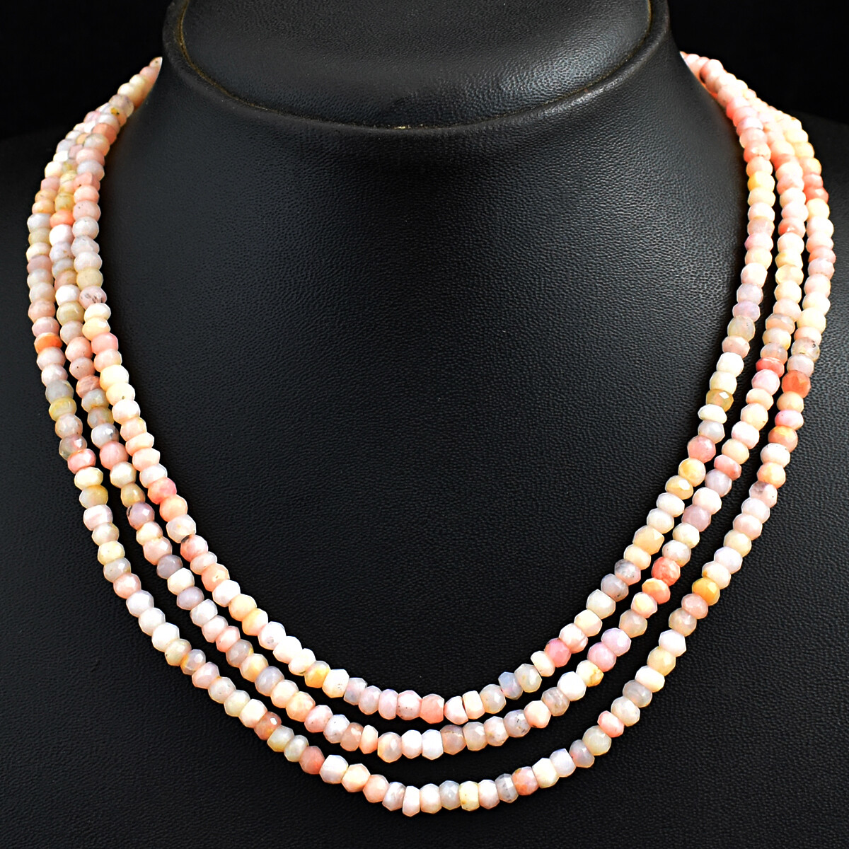 211 Cts Natural 3 Strand Pink Australian Opal Round Cut Beads Necklace JK 05E295