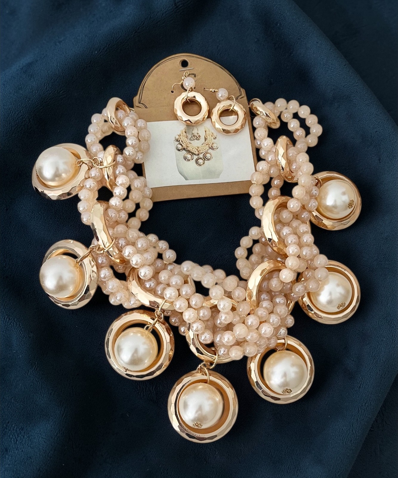Faux Pearls Clear Statement Burlesque Inspired Bib Chunky Necklace Earrings Set