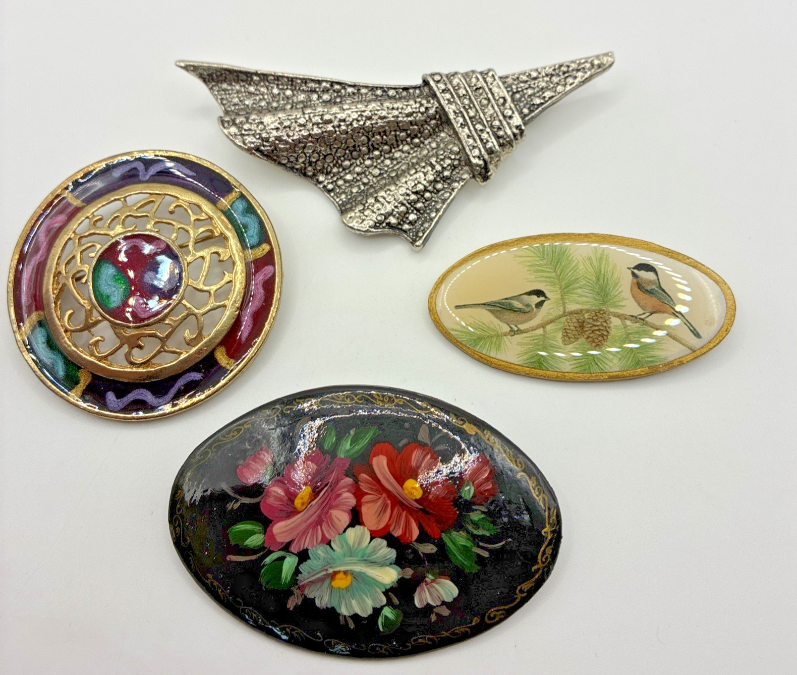 Vintage Brooch Lot Floral Nature Birds Hand Painted Silve Tone Statement Pin