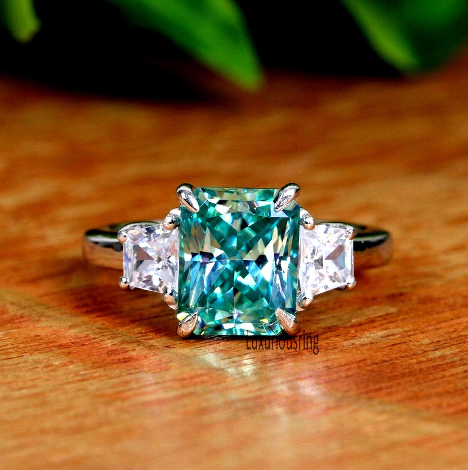 2.74 Ct Blue Green Radiant Cut Moissanite, 3 Stone Engagement Ring, 925 Silver