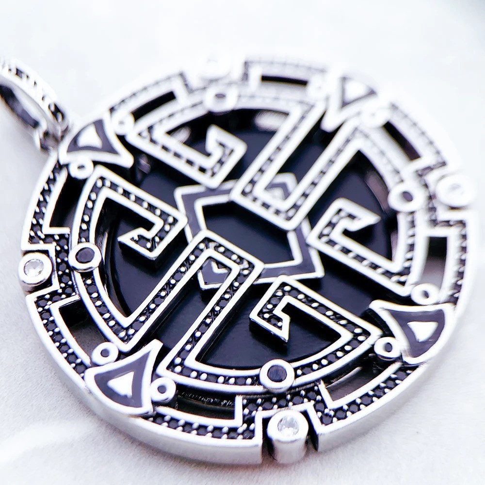 Mandala Maze Black Onyx Amulet CZ Pendant 925 Sterling Silver 1.5 inch Long