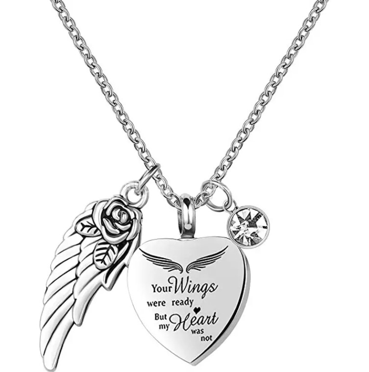 Stainless Steel Angel Heart Wings Ashes Keepsake Cremation Memorial Urn Necklace