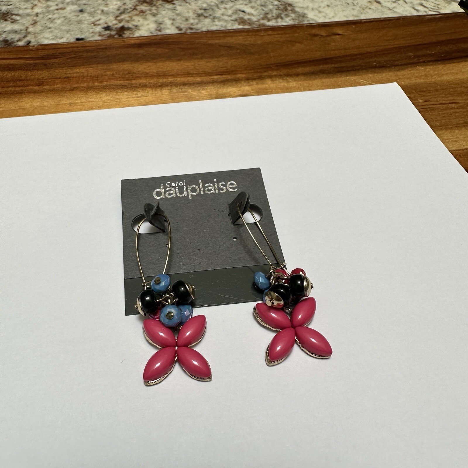 NWT Carol Dauplaise Pink Blue & Black Bead Gold Pierced Dangle Earrings
