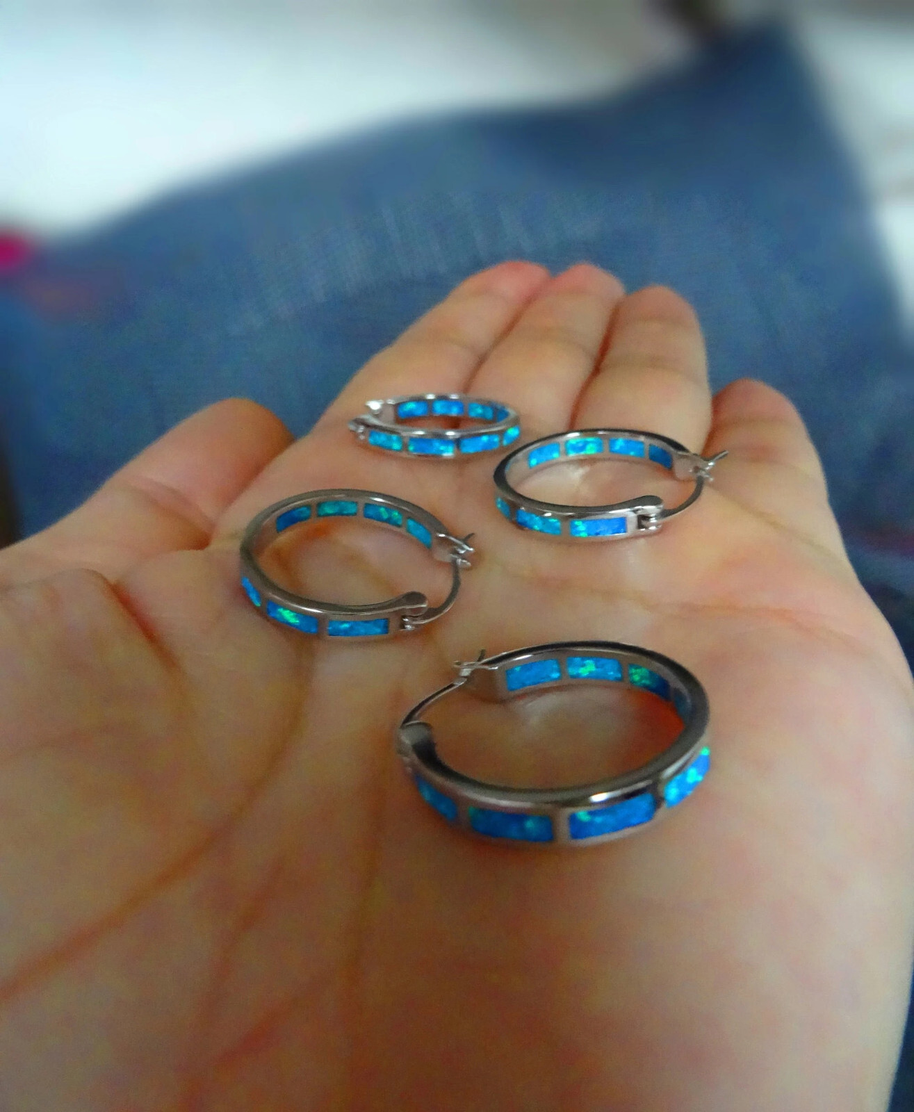 Blue Opal Hoop Earrings Fire Opal Huggies Opal Hoops Silver Stainless Steel Both Sided New