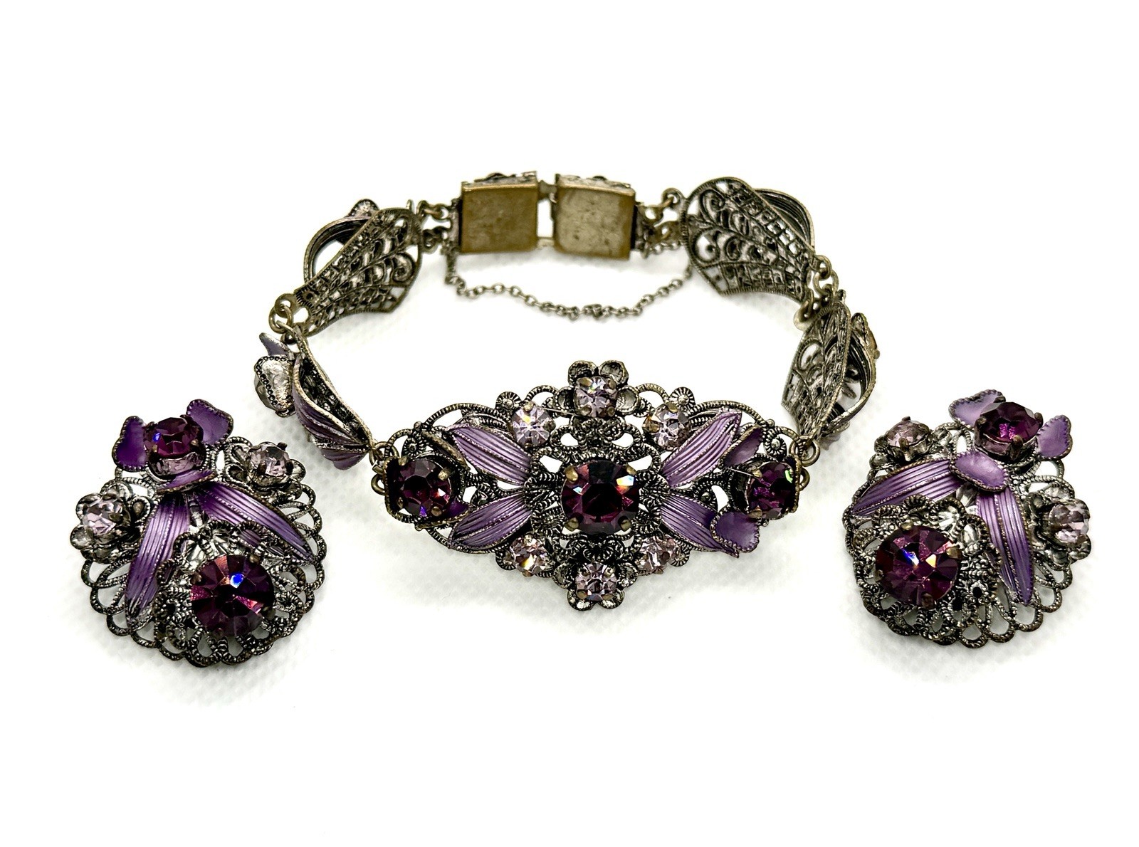 Western Germany Purple Rhinestone Enamel Parure Set Bracelet Earrings Lavender