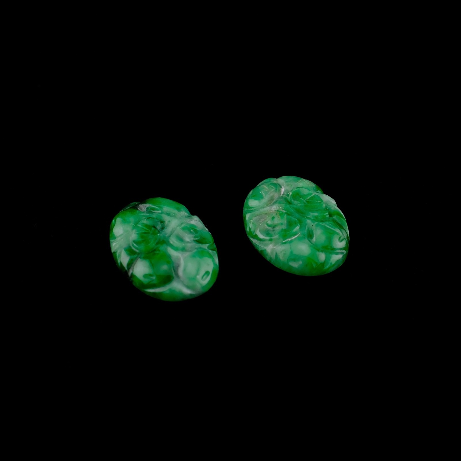 Pair Natural Green Jade Carved Oval Cabochons 15.8×10.2mm 9ct Loose Gemstones