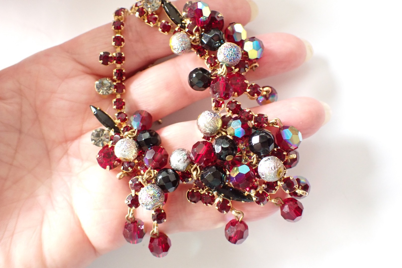 Verified Juliana Vintage Red & Black Cha Cha Necklace Metalized Beads Rhinestone