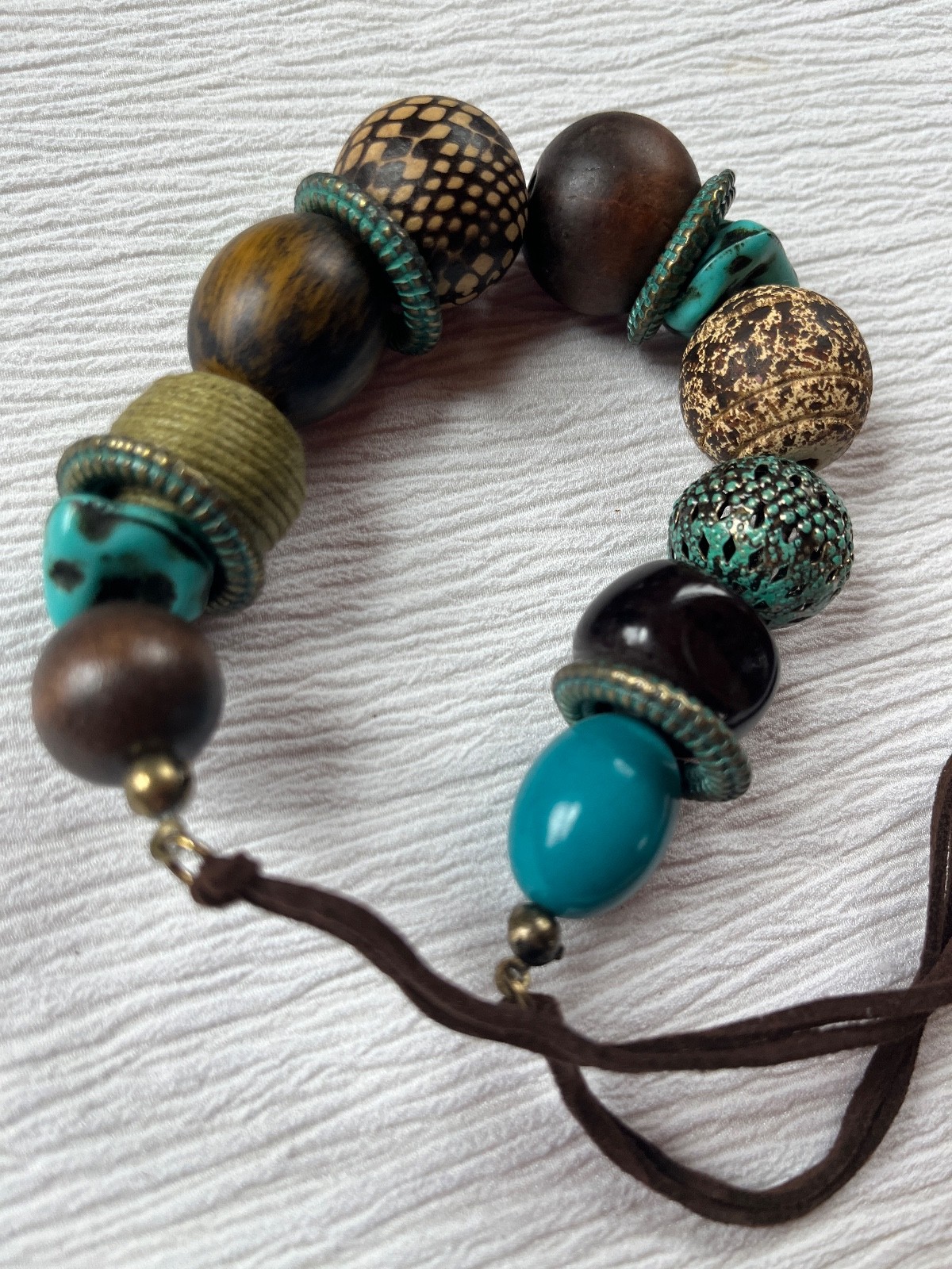 Dark Brown Double Suede Cord w Chunky Turquoise Brown Metal Wood Plastic Bead