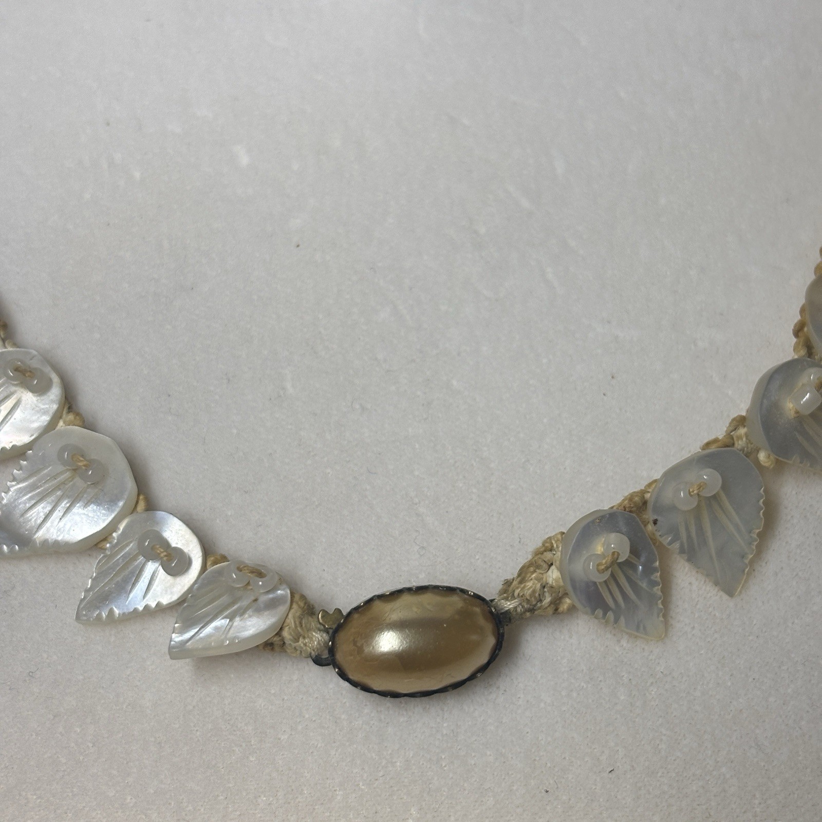Vintage Antique Mother of Pearl Carved Leaf & Crochet Necklace Choker 1920s Era