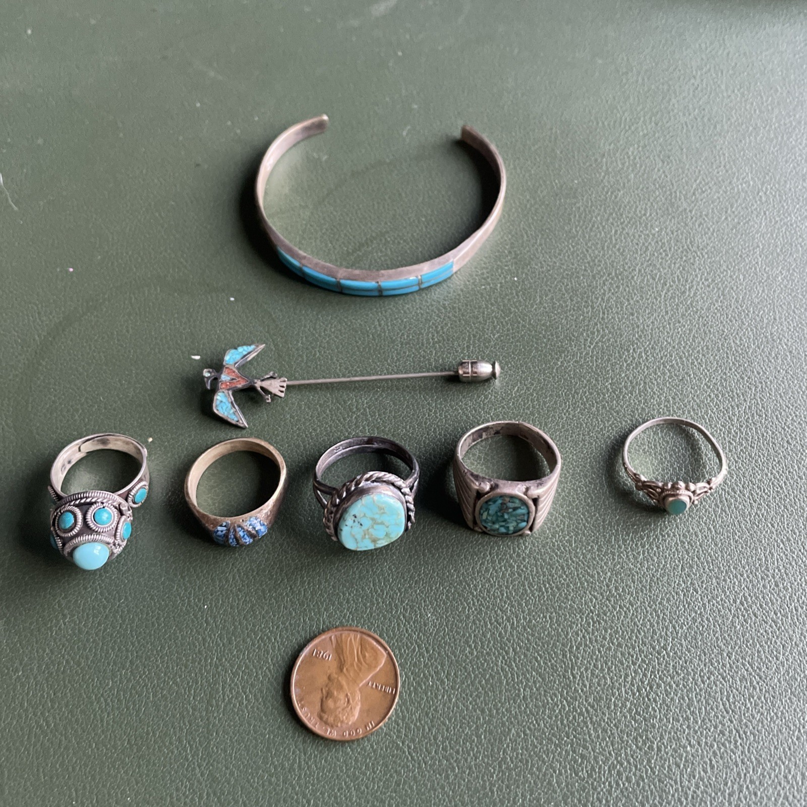 Vintage Sterling Silver Turquoise Jewelry Lot – Bracelet, Rings, Pin – 7 pieces