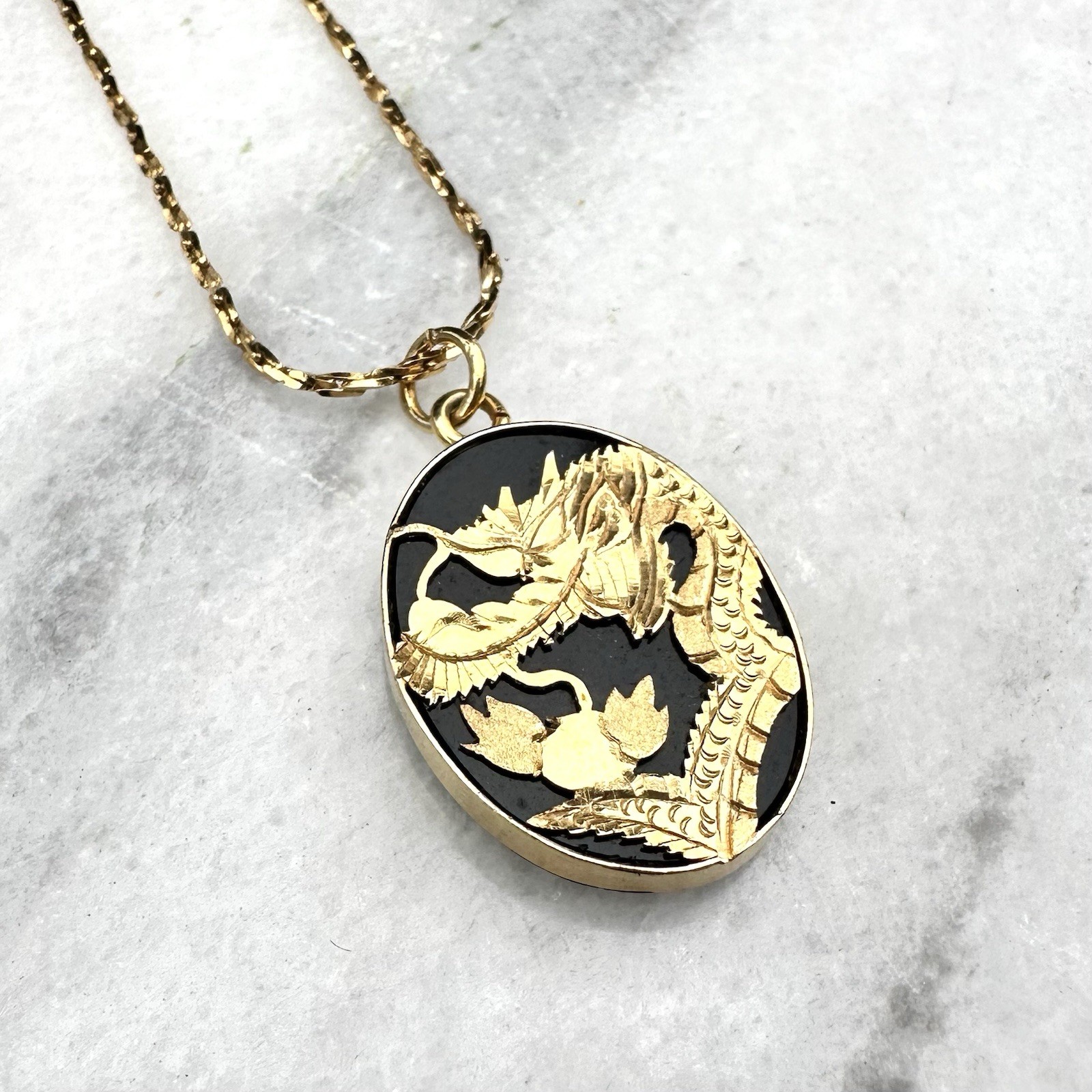 Chinese Export Gold Dragon 24k Plated Necklace Black Glass Relief Vintage 22”