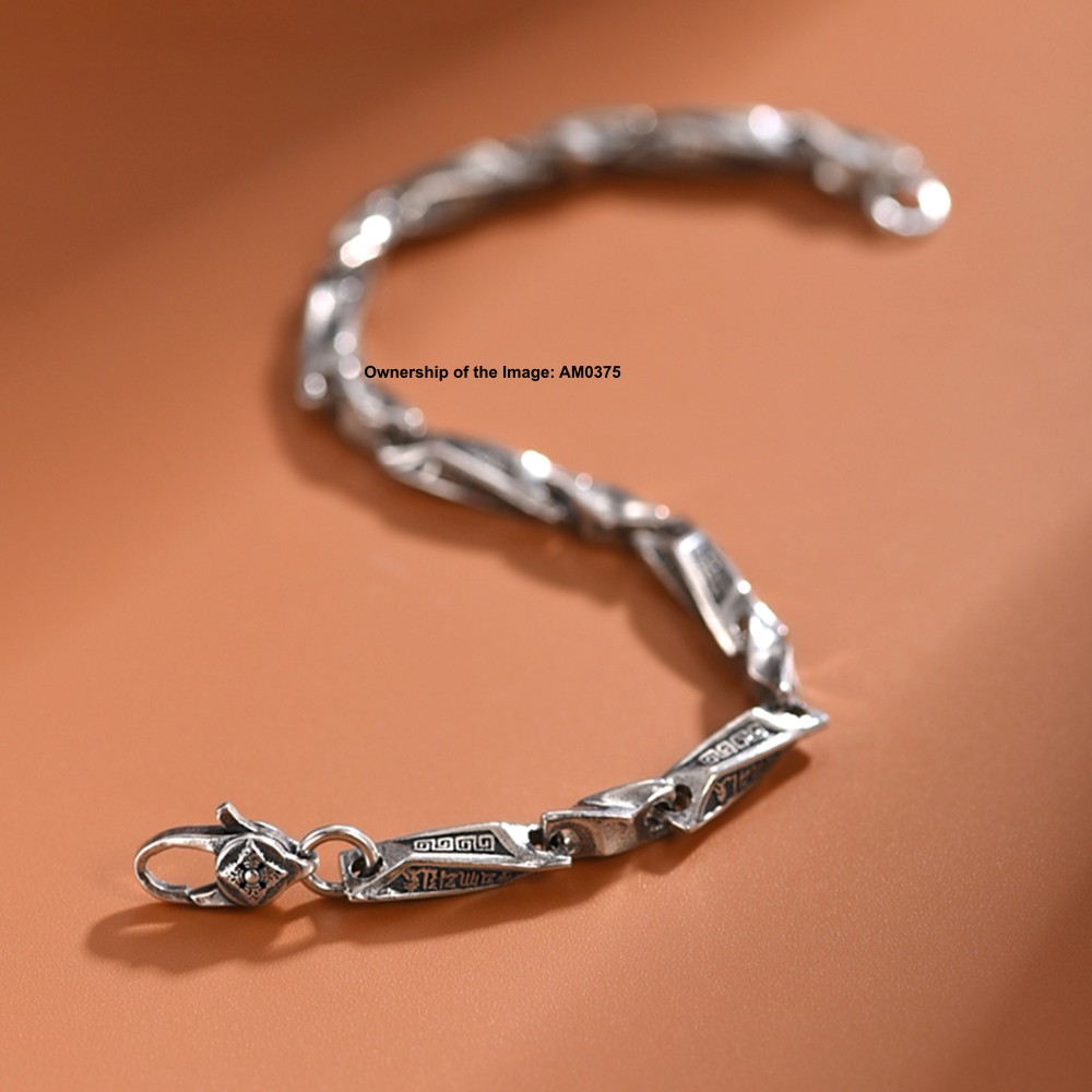Pure 925 Sterling Silver Bracelet Engraved Six-Word Mantra Twisted Tube Design