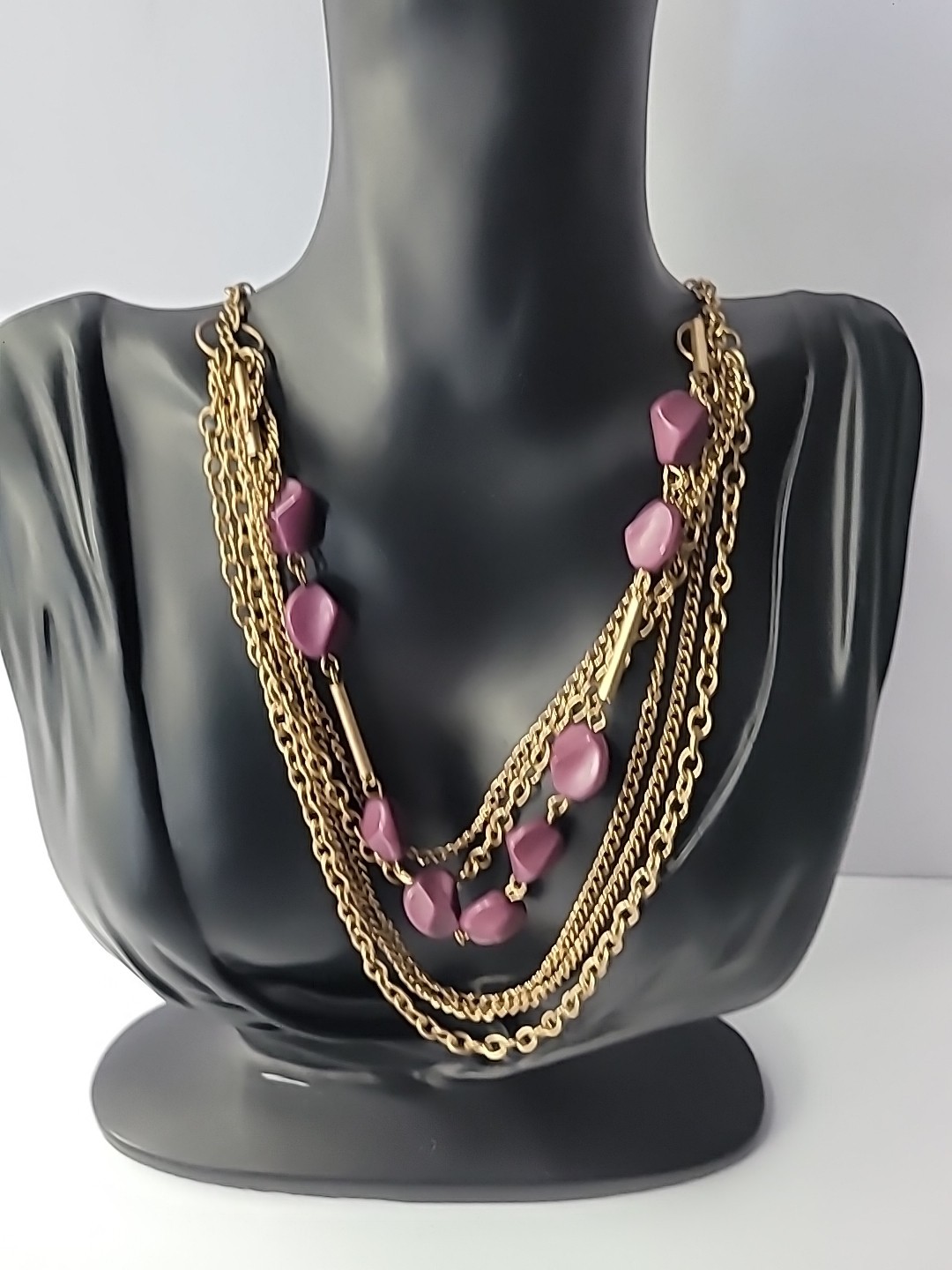 Vintage Necklace Multi Strand Chain Beaded Purple Bar Jewelry Costume