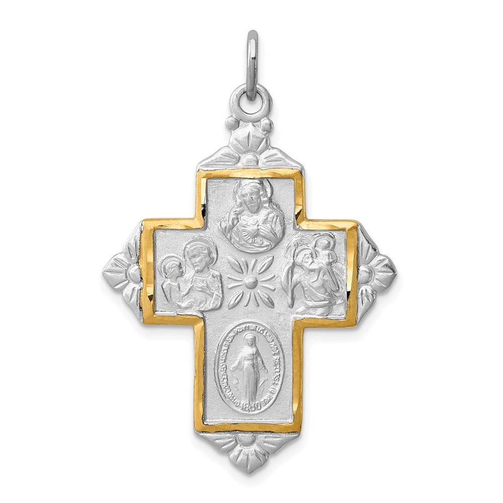 Sterling Silver Platinum-plated & Gold-tone 4-Way Medal Cross Pendant 3.85gm