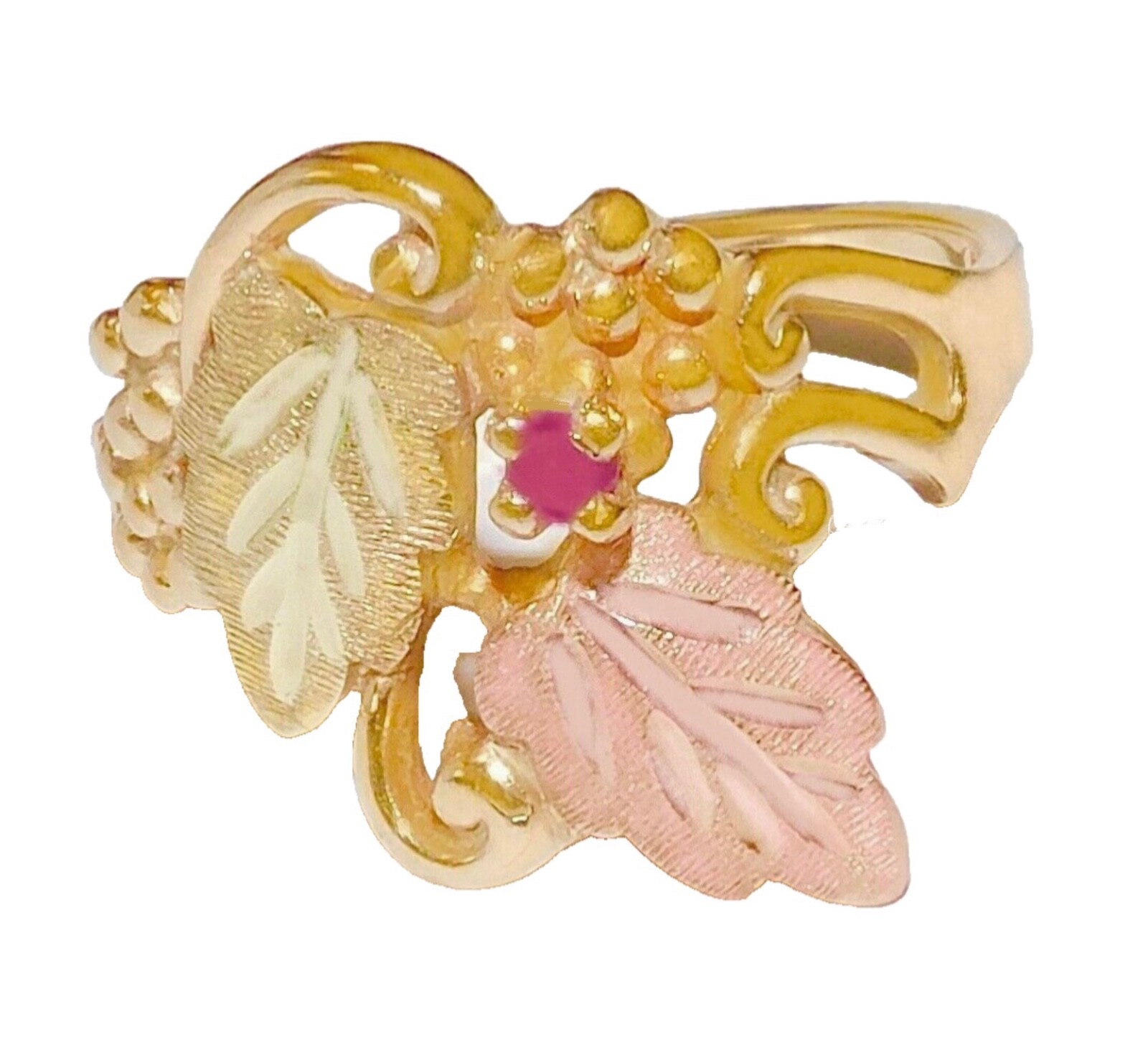 Black Hills Gold 10k 12k Ruby Accent Two Leaf Ring Size 7