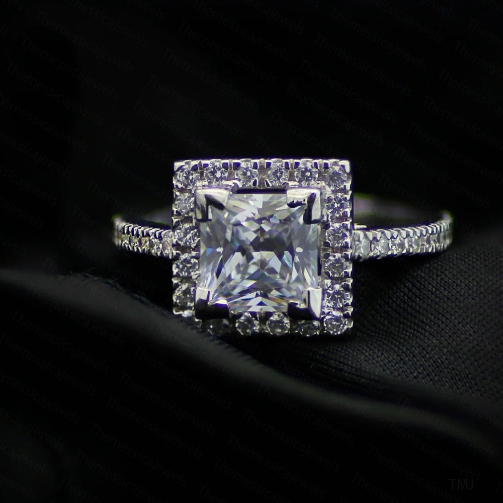 2.76 TCW Princess Cut Moissanite Halo Engagement Ring In 14k White Gold Plated