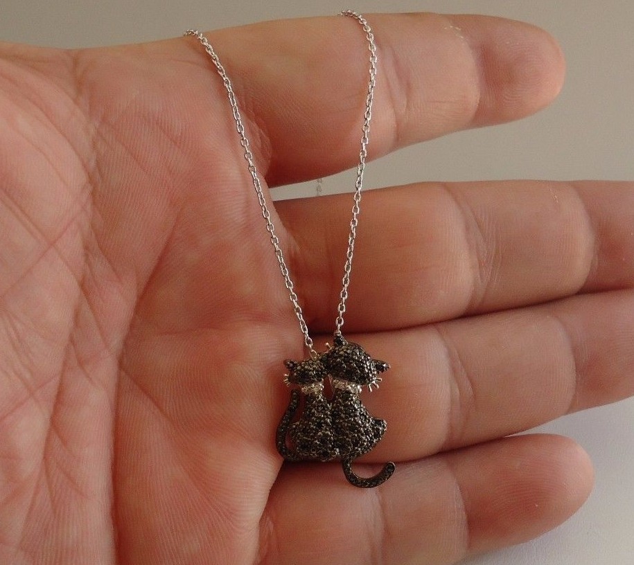 925 STERLING SILVER BLACK KITTY’S PENDANT NECKLACE W/ ACCENTS/18”CHAIN