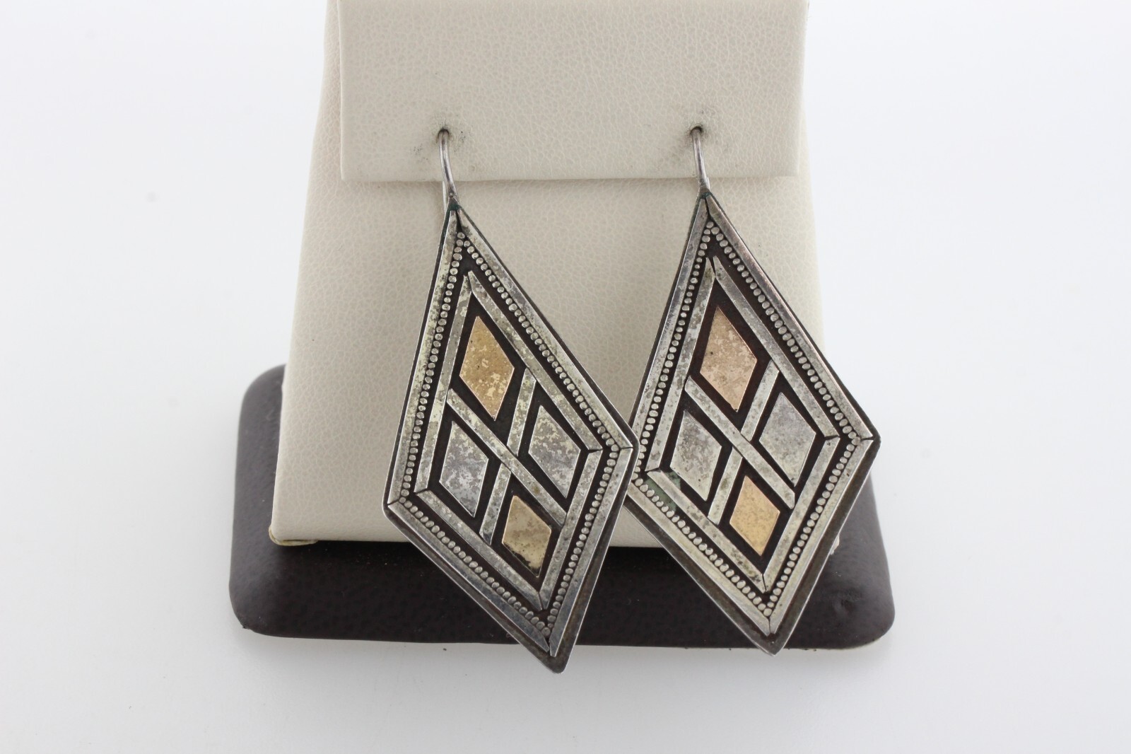 Vintage Sterling Silver 925 & 22K Gold Abstract Shape Pattern Hook Earrings