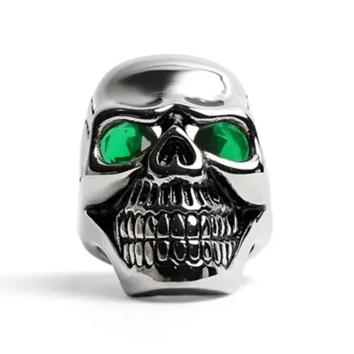 Stainless Steel Green CZ Eyed Cracked Skull Biker Ring