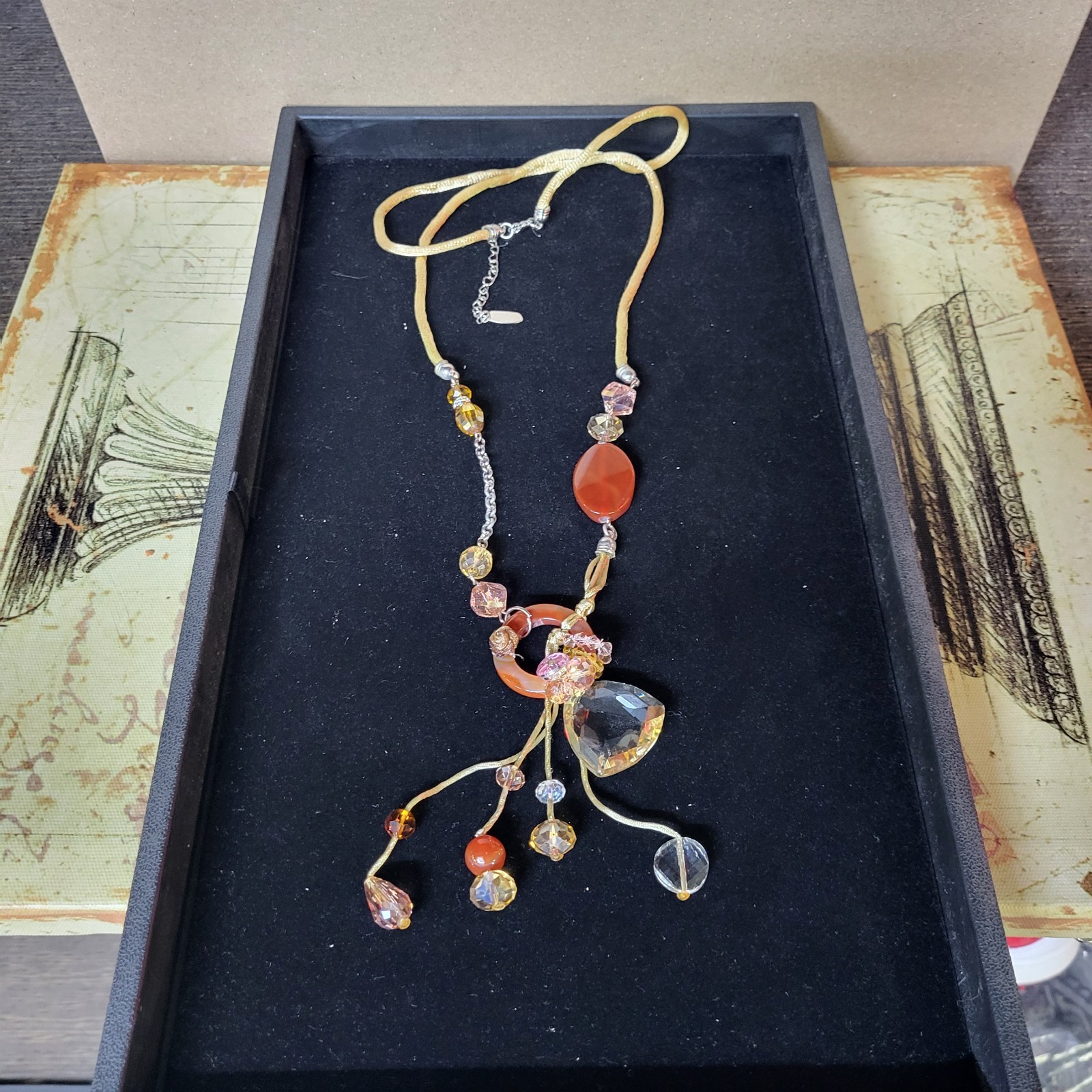 Murano Crystal Necklace Pendant Drops Venetian Glass Cord Adj. VTG STUNNING Boho