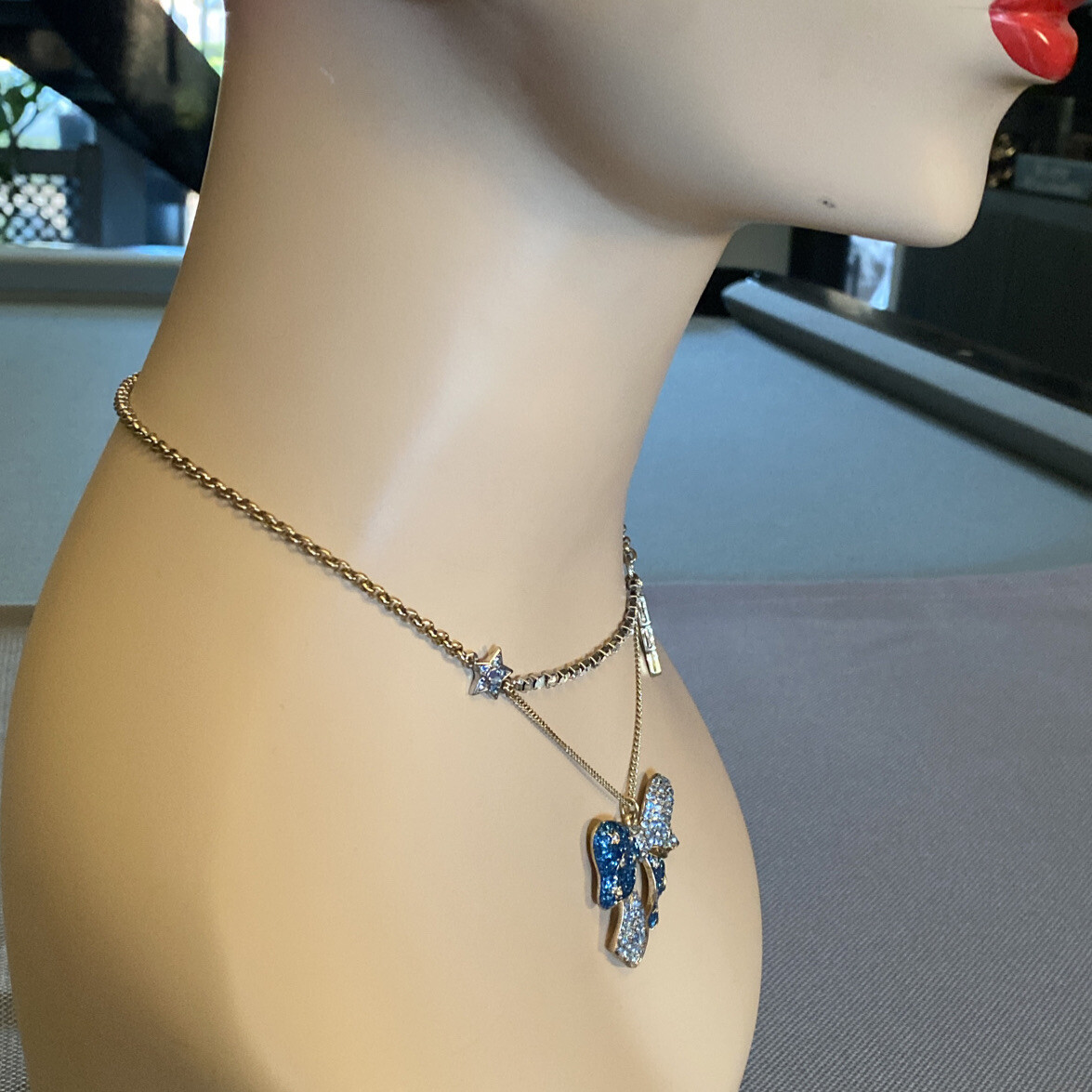 BETSEY JOHNSON Necklace HEAVENS TO BETSEY BLUE PAVE CRYSTAL Lightening Bolt, Bow