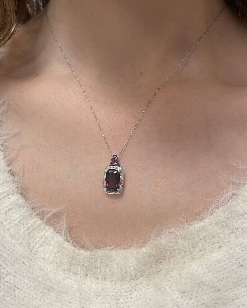 Pretty 2Ct Cushion Cut Simulated Red Garnet Halo Pendant 14K White Gold Plated