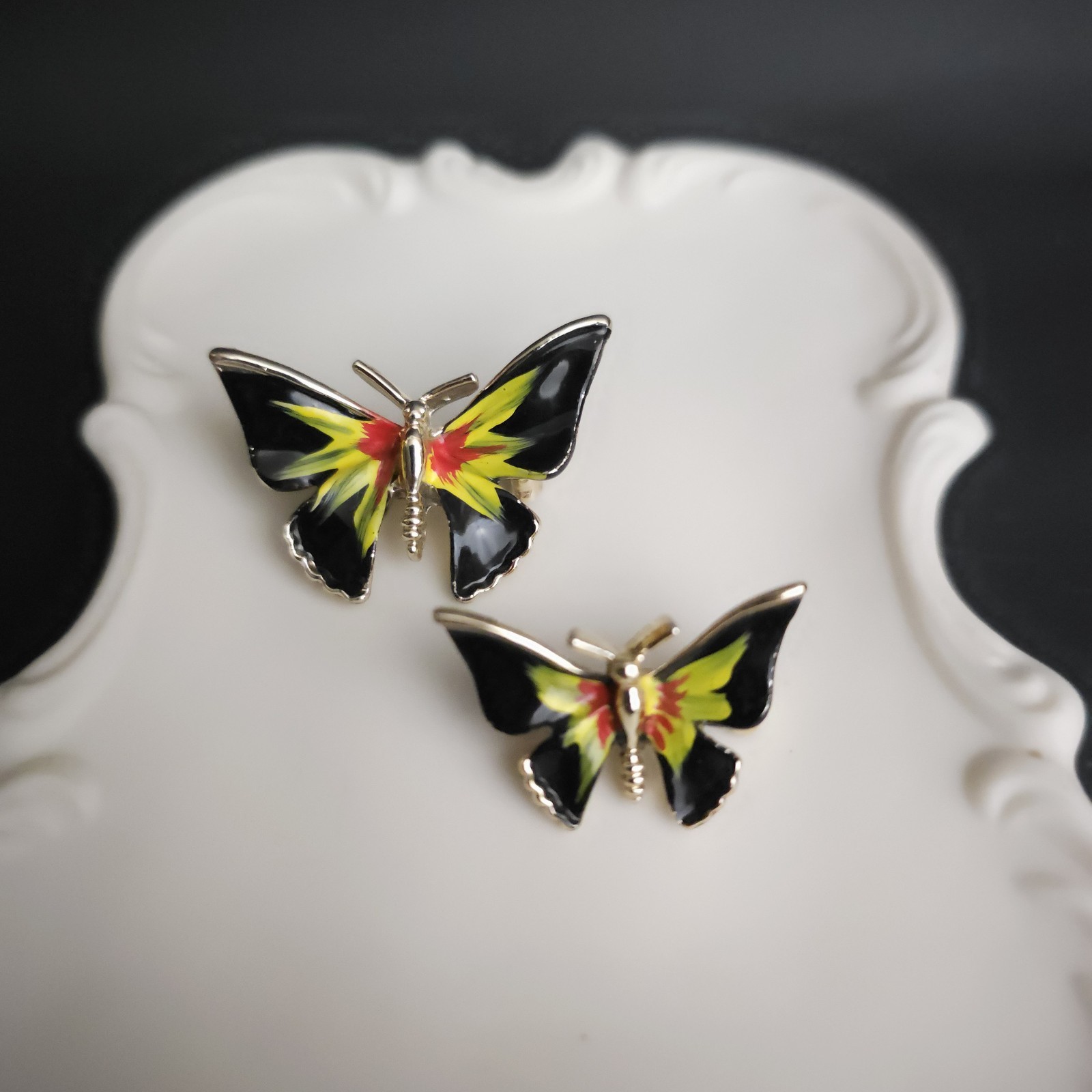 Vintage Black Yellow Red Enamel Butterfly Scatter Pins Brooch Set 2 Whimsy Fairy