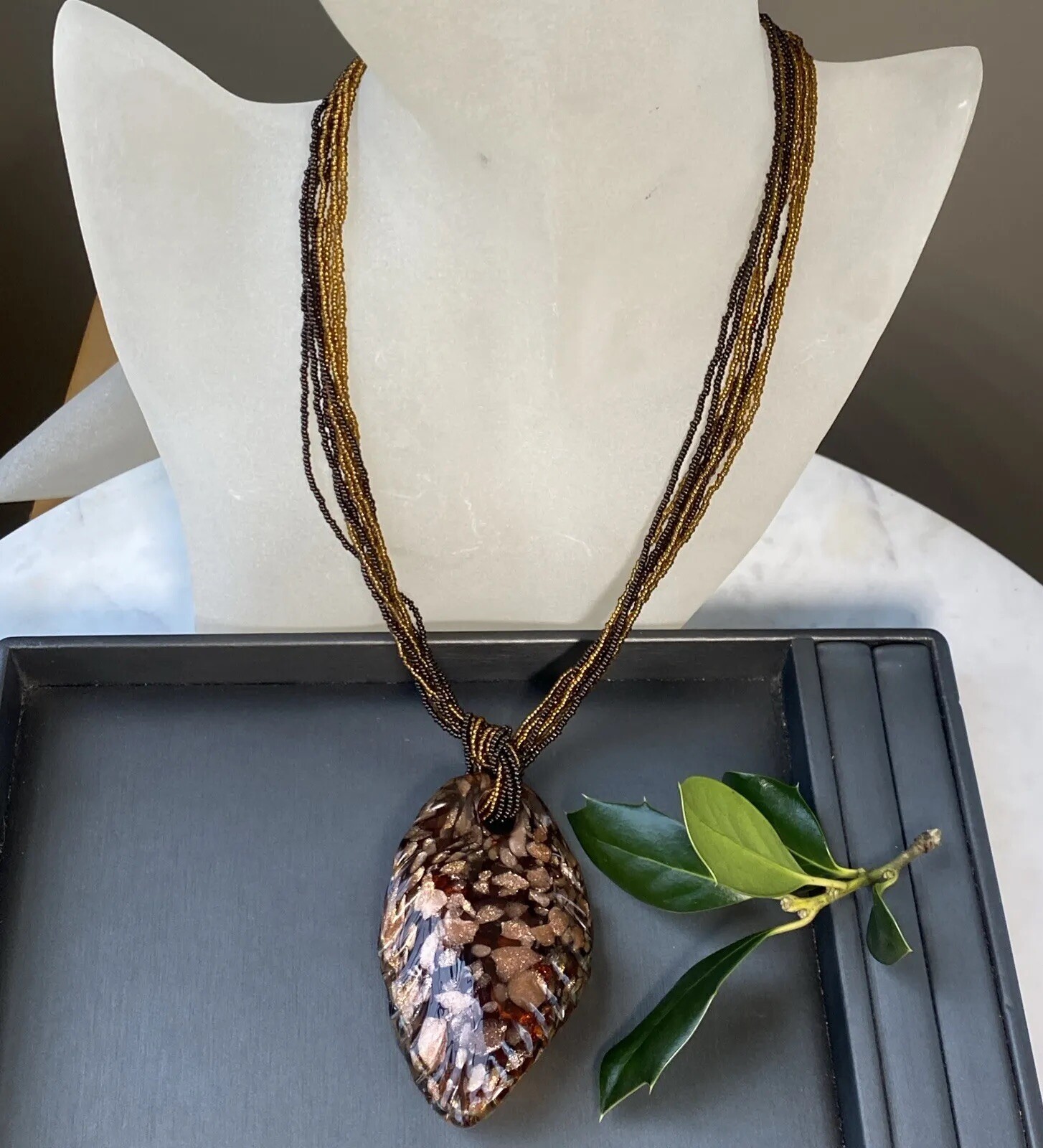 Vintage Pendant Necklace Handblown Murano Italy Art Glass 24K Gold Fleck Signed