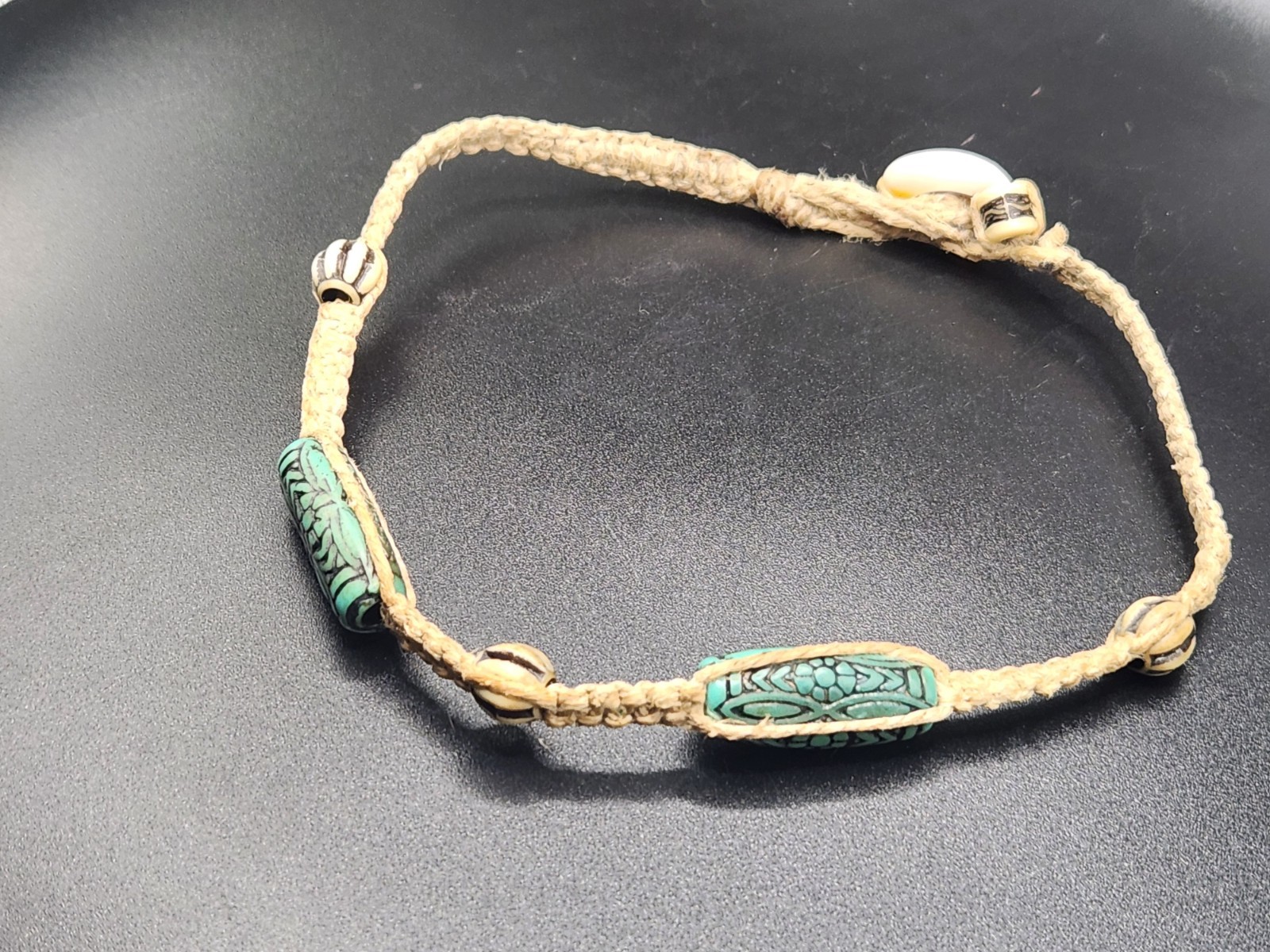 #0404 – 12″ Boho Choker Necklace Hemp Cord Turquoise Color Beads Tribal Style