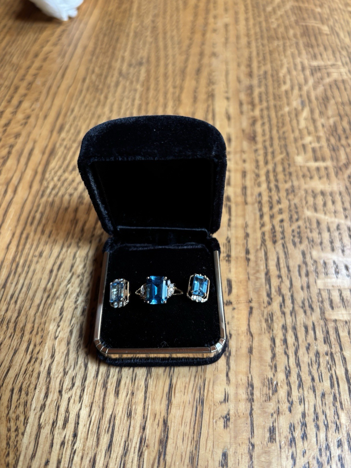 14k Yellow Gold- Blue Topaz And Diamond Ring And Earring Set